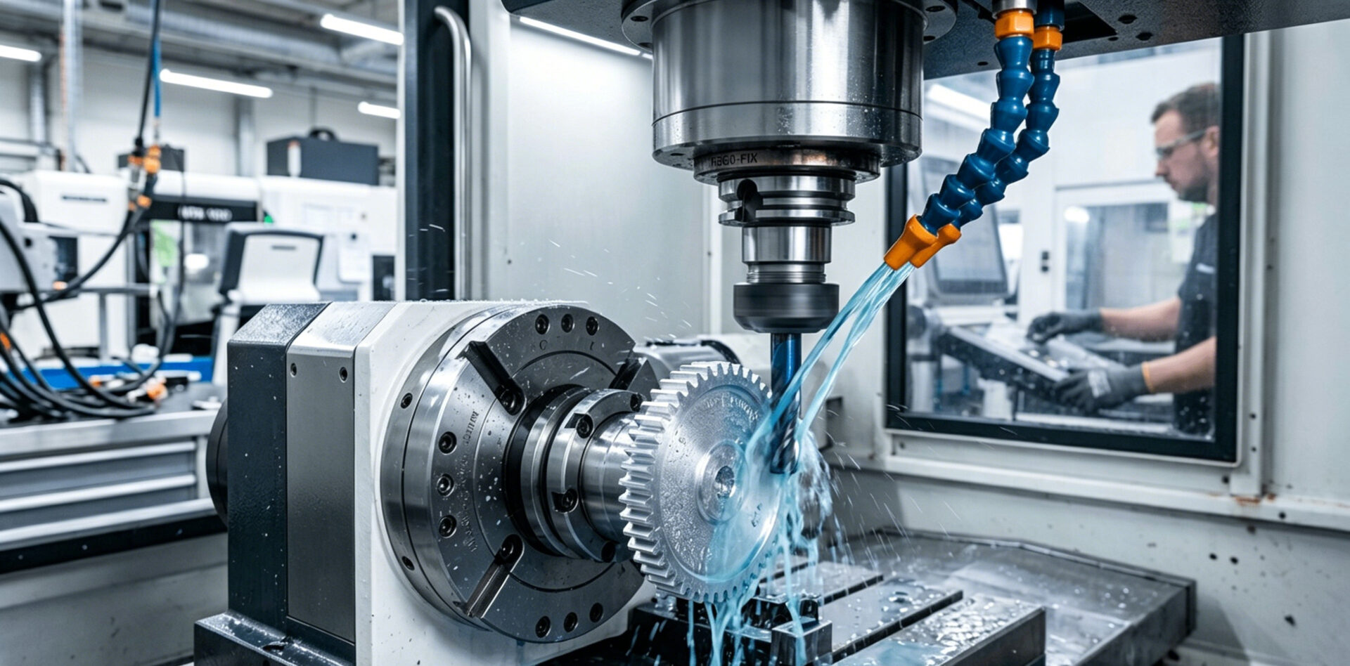 Close-up of CNC milling machine cutting gear teeth on aluminum component, cutting tool and coolant visible Nahaufnahme der CNC-Fräsmaschine beim Schneiden von Zahnrädern auf Aluminiumbauteil, Werkzeug und Kühlmittel sichtbar precision cnc machining