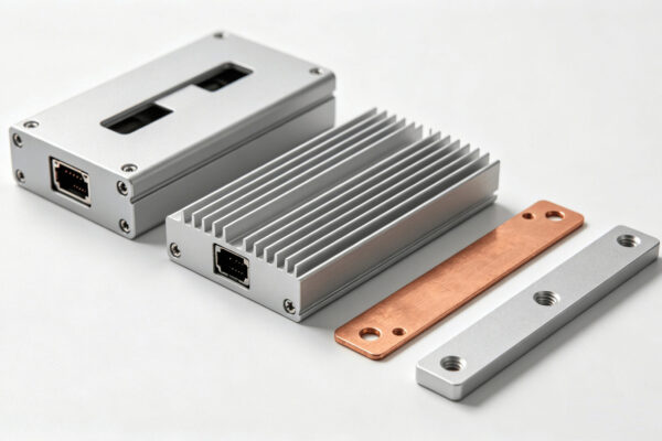 Layout of CNC-machined components: aluminum enclosure, finned heat sink, copper busbar, and brackets. Anordnung CNC-gefräster Komponenten: Aluminiumgehäuse, Rippenkühlkörper, Kupferstromschiene und Halterungen.
