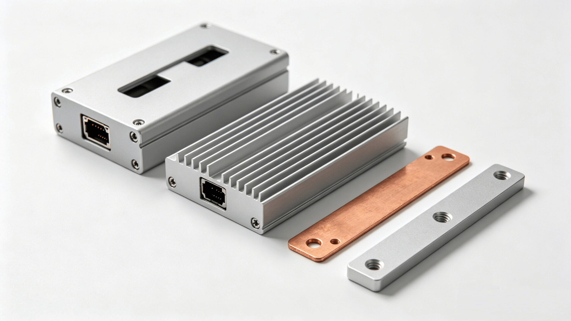 Layout of CNC-machined components: aluminum enclosure, finned heat sink, copper busbar, and brackets. Anordnung CNC-gefräster Komponenten: Aluminiumgehäuse, Rippenkühlkörper, Kupferstromschiene und Halterungen.