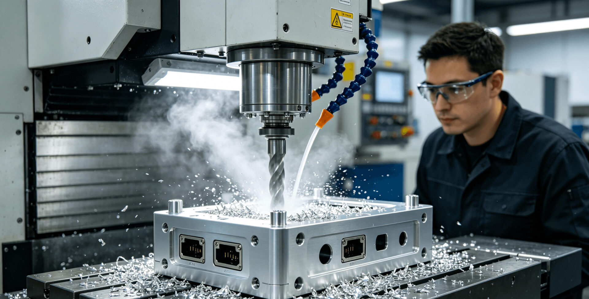 CNC milling machine cutting an aluminum electronics enclosure with coolant mist and visible metal chips. CNC-Fräsmaschine bei der Bearbeitung eines Aluminium-Elektronikgehäuses mit Kühlnebel und sichtbaren Metallspänen.