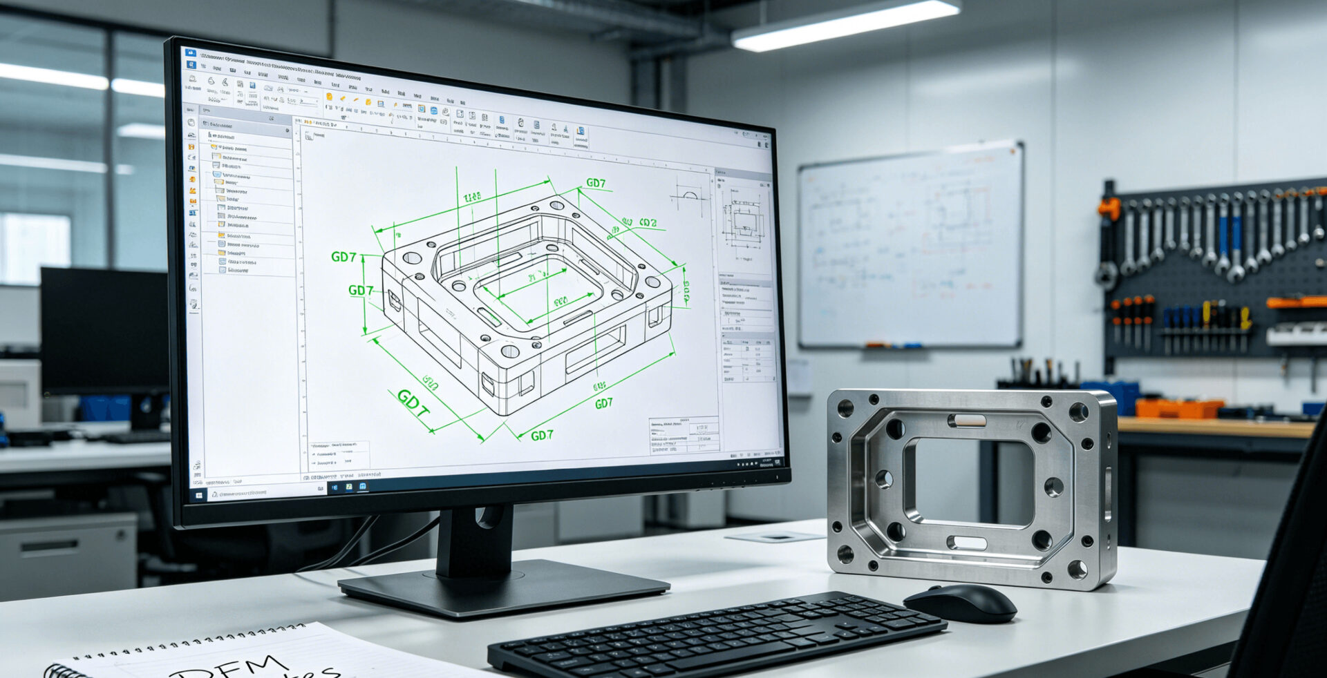 Engineering workstation showing DFM review of CNC machining drawing with GD&T callouts and prototype part. Ingenieur-Arbeitsplatz mit DFM-Prüfung einer CNC-Bearbeitungszeichnung mit GD&T-Anmerkungen und Prototypenteil.