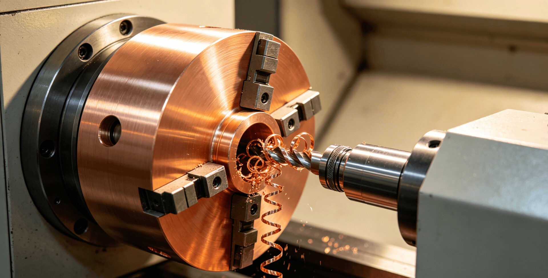 CNC lathe turning a copper component with visible cutting tool and spiraling copper swarf. CNC-Drehmaschine bei der Bearbeitung einer Kupferkomponente mit sichtbarem Schneidwerkzeug und spiralförmigen Kupferspänen.