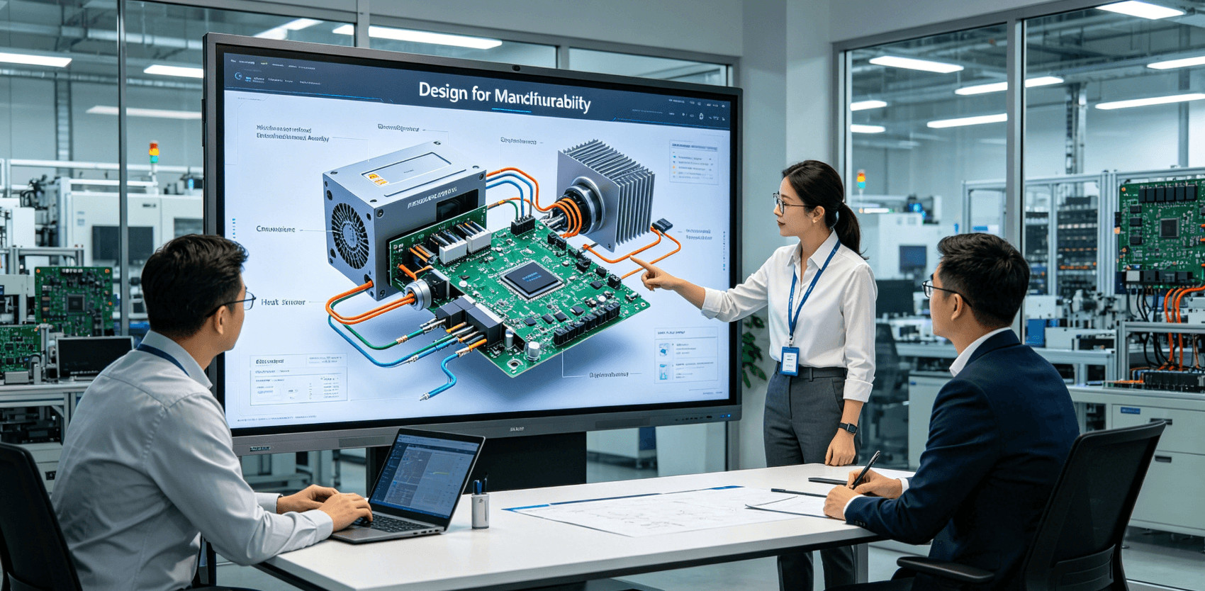 Engineering team reviewing an exploded electromechanical design on a large monitor during a DFM review. Ingenieurteam bei der Überprüfung eines elektromechanischen Explosionsdesigns auf einem großen Monitor während einer DFM-Überprüfung.