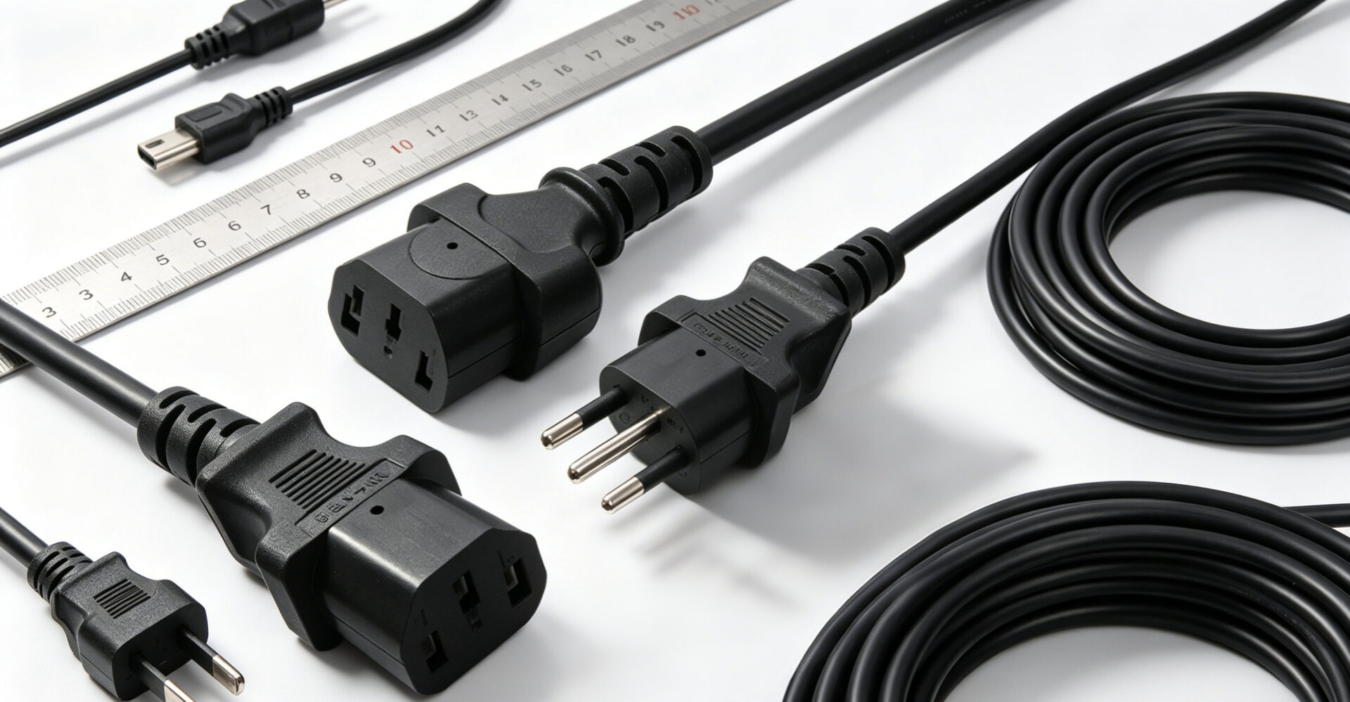 A variety of custom AC power cords with different lengths, colors, and hospital-grade plugs on a clean white background.