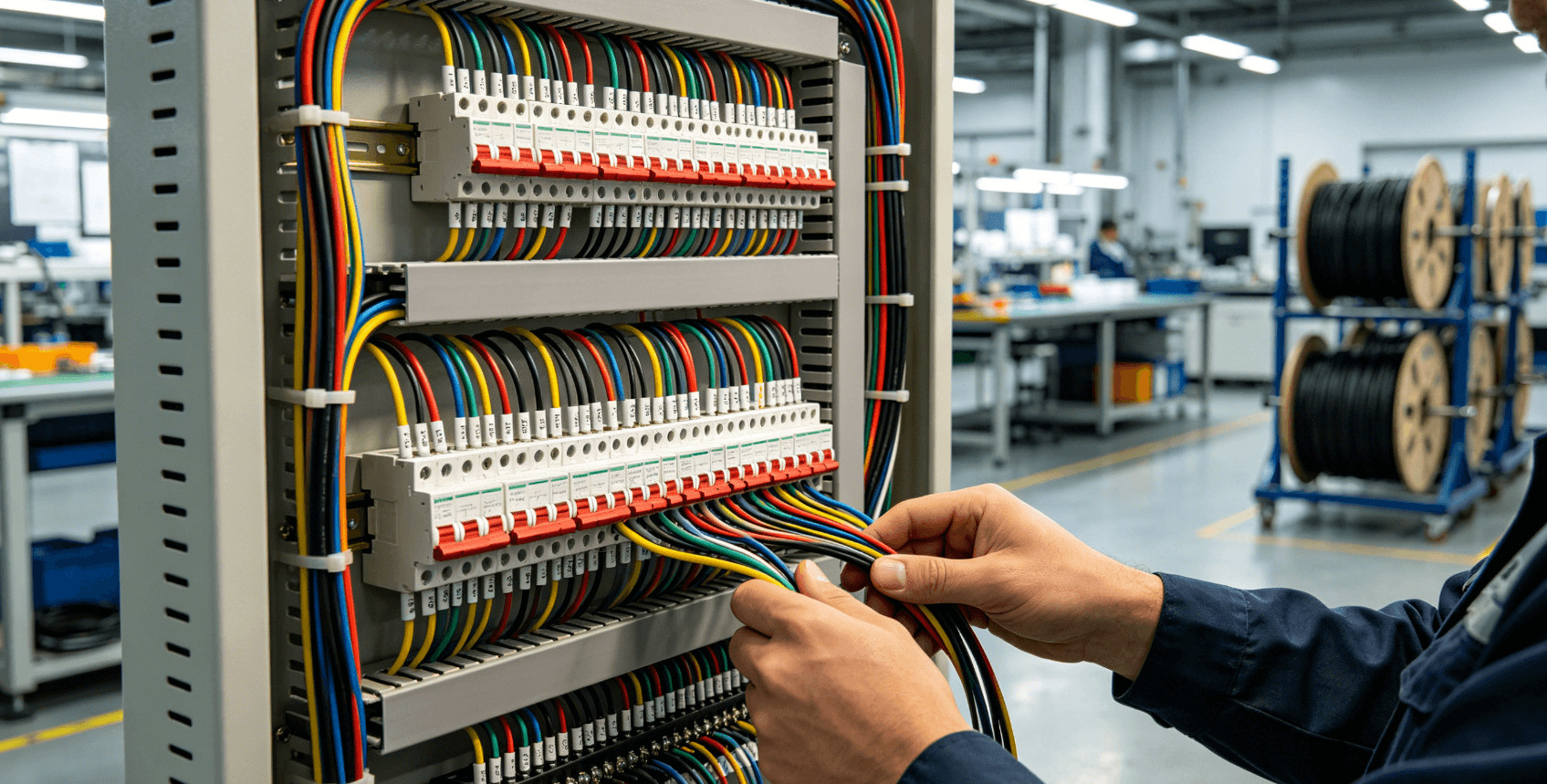 Industrial control panel with custom wire harnesses routed neatly into terminal blocks by a technician.Industrieller Schaltschrank mit maßgeschneiderten Kabelbäumen, die von einem Techniker ordentlich in Reihenklemmen verlegt werden.
