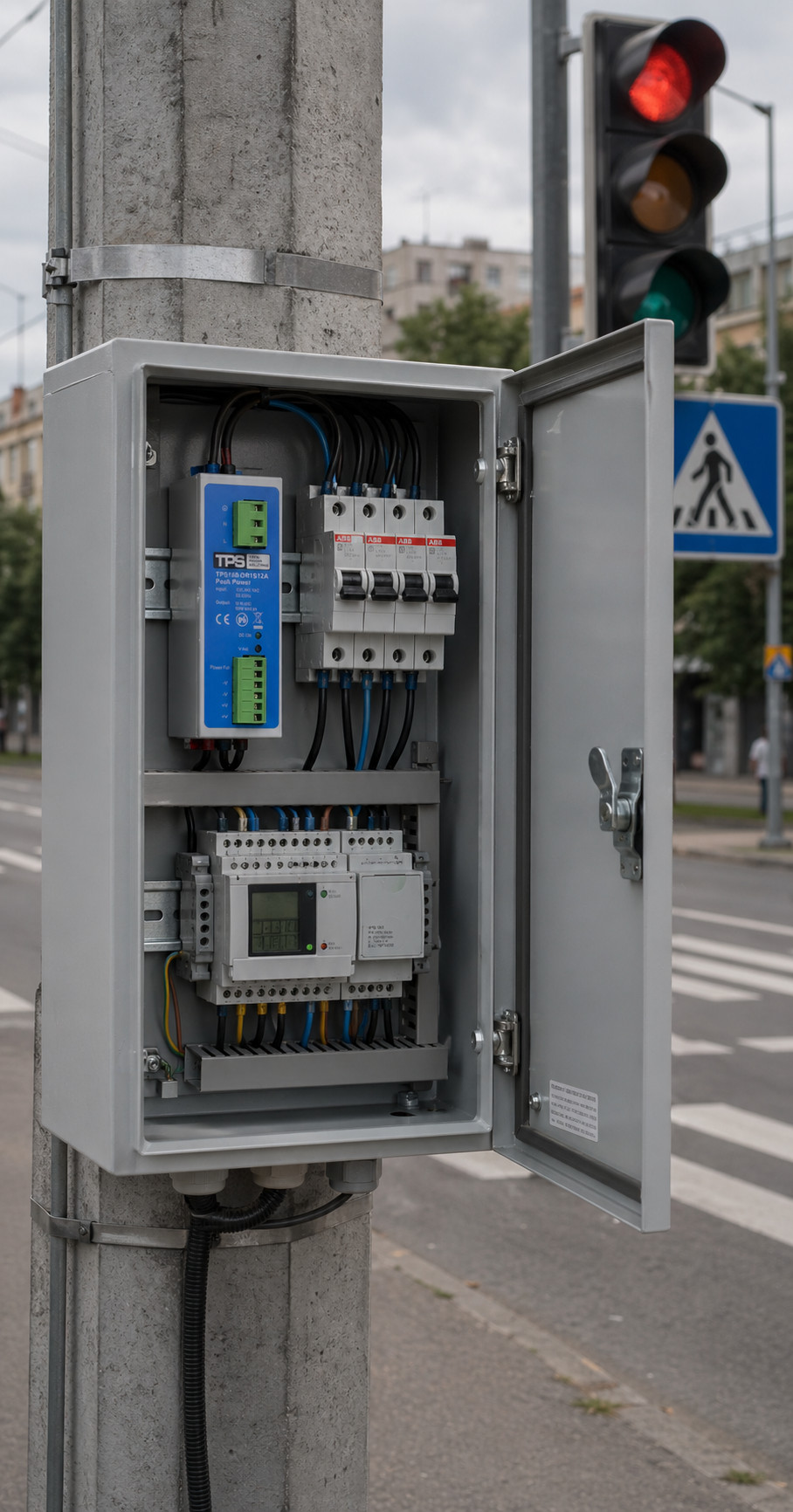 Im Inneren eines Verkehrssteuerungsschranks – das Hutschienen-Netzteil arbeitet leise und wandelt Wechselstrom in Gleichstrom für LEDs, Sensoren und Steuerungen um.