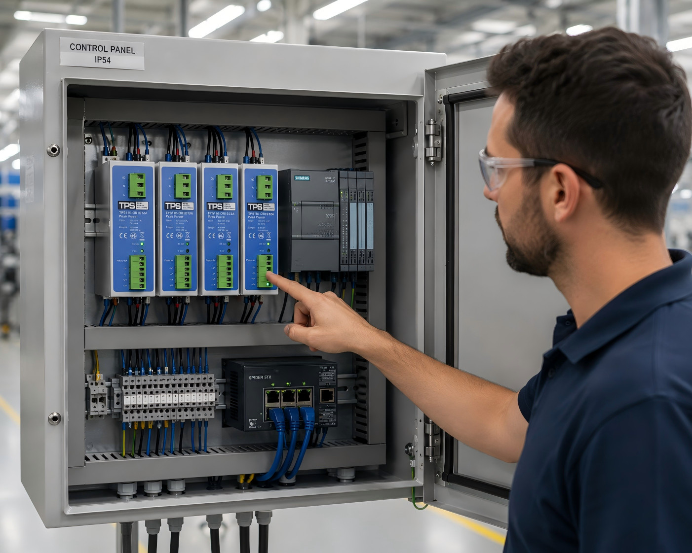 Auf einer Fabrikhalle teilen sich mehrere Hutschienen-Netzteile dieselbe Schiene – jedes für eine andere Spannung oder Backup-Funktion.