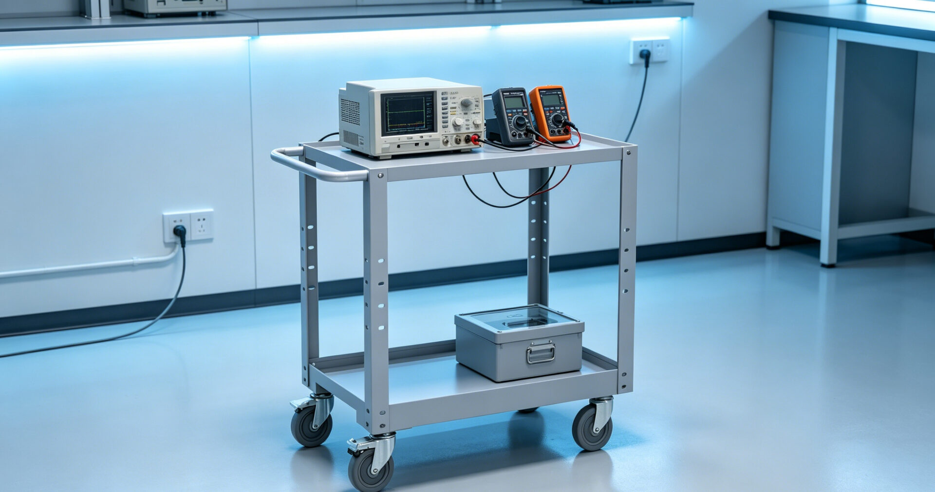 TPS ESD trolley with adjustable shelves holding test instruments and ESD‑safe bins, grounding cord connected, in a clean laboratory environment. TPS ESD‑Wagen mit verstellbaren Ablagen für Testgeräte und ESD‑sichere Behälter, angeschlossenem Erdungskabel, in sauberer Laborumgebung.