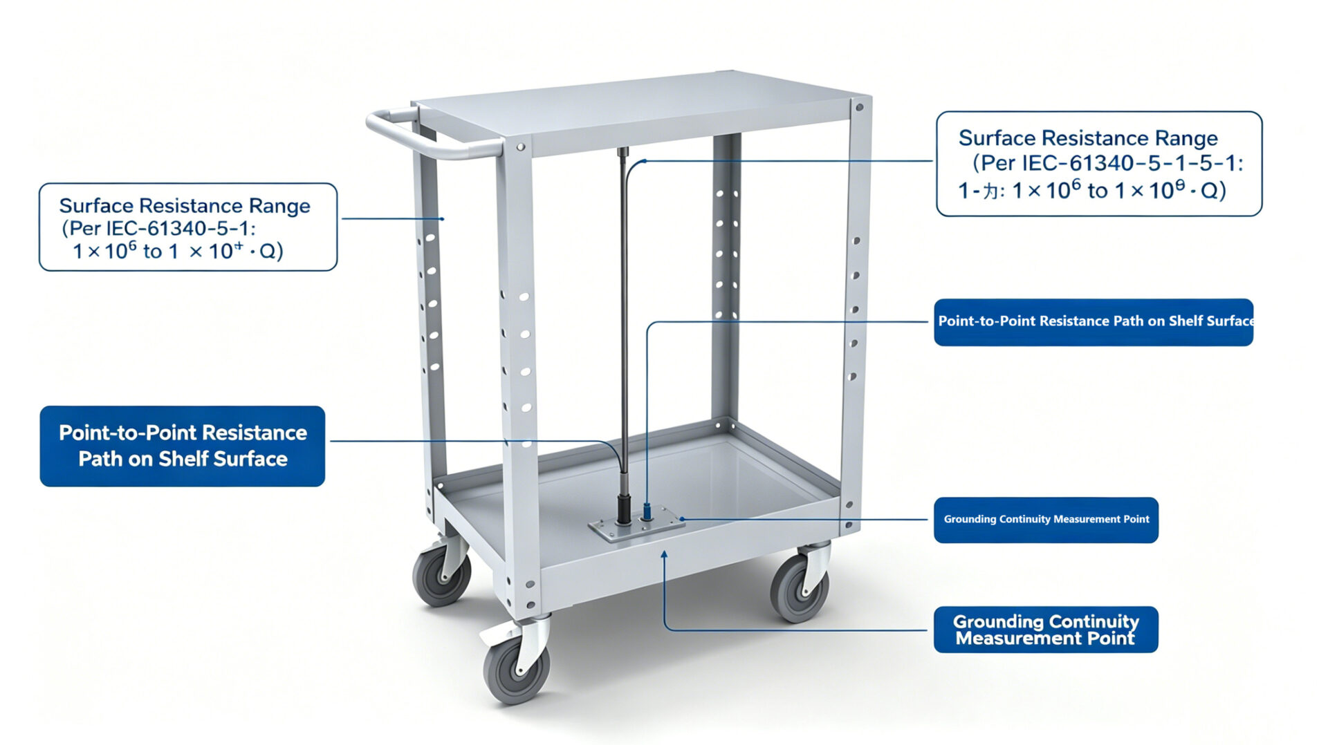 ESD Trolley IEC 61340‑5‑1 Grounding Diagram Surface Resistance EPA Mobile Cart – TPS Elektronik ESD‑Wagen IEC 61340‑5‑1 Erdungsdiagramm Oberflächenwiderstand EPA mobiler Wagen – TPS Elektronik