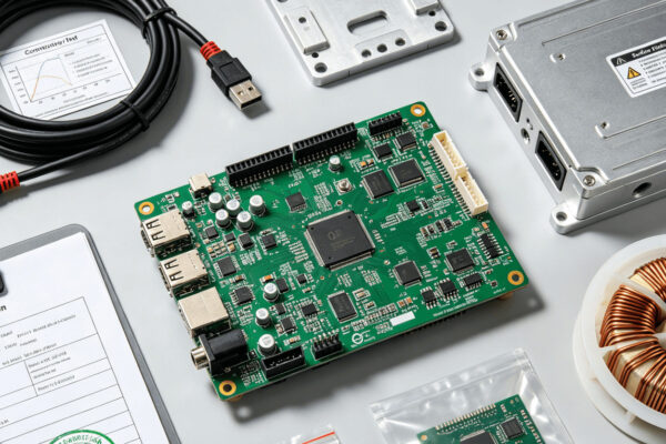 Top-down flat lay of a PCBA surrounded by verified components, machined parts, an inspection report, and a harness, symbolizing audited supply chain and build readiness. Draufsicht-Foto einer Leiterplatte, umgeben von geprüften Komponenten, mechanischen Teilen, einem Prüfbericht und Kabelbaum, welches die geprüfte Lieferkette und Montagebereitschaft symbolisiert.