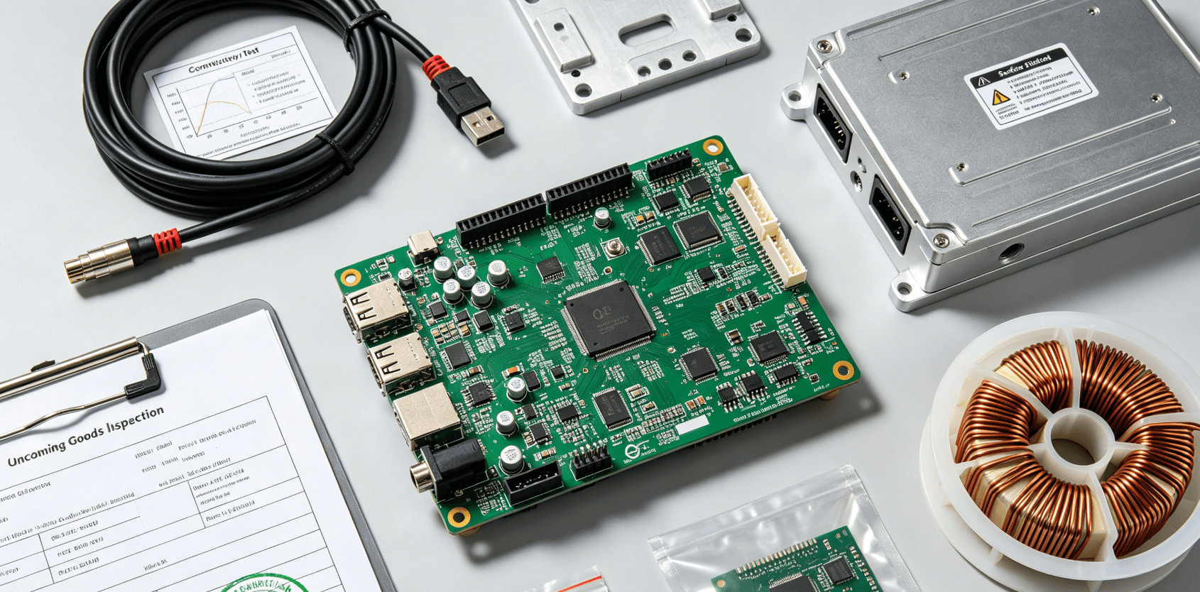 Top-down flat lay of a PCBA surrounded by verified components, machined parts, an inspection report, and a harness, symbolizing audited supply chain and build readiness. Draufsicht-Foto einer Leiterplatte, umgeben von geprüften Komponenten, mechanischen Teilen, einem Prüfbericht und Kabelbaum, welches die geprüfte Lieferkette und Montagebereitschaft symbolisiert.