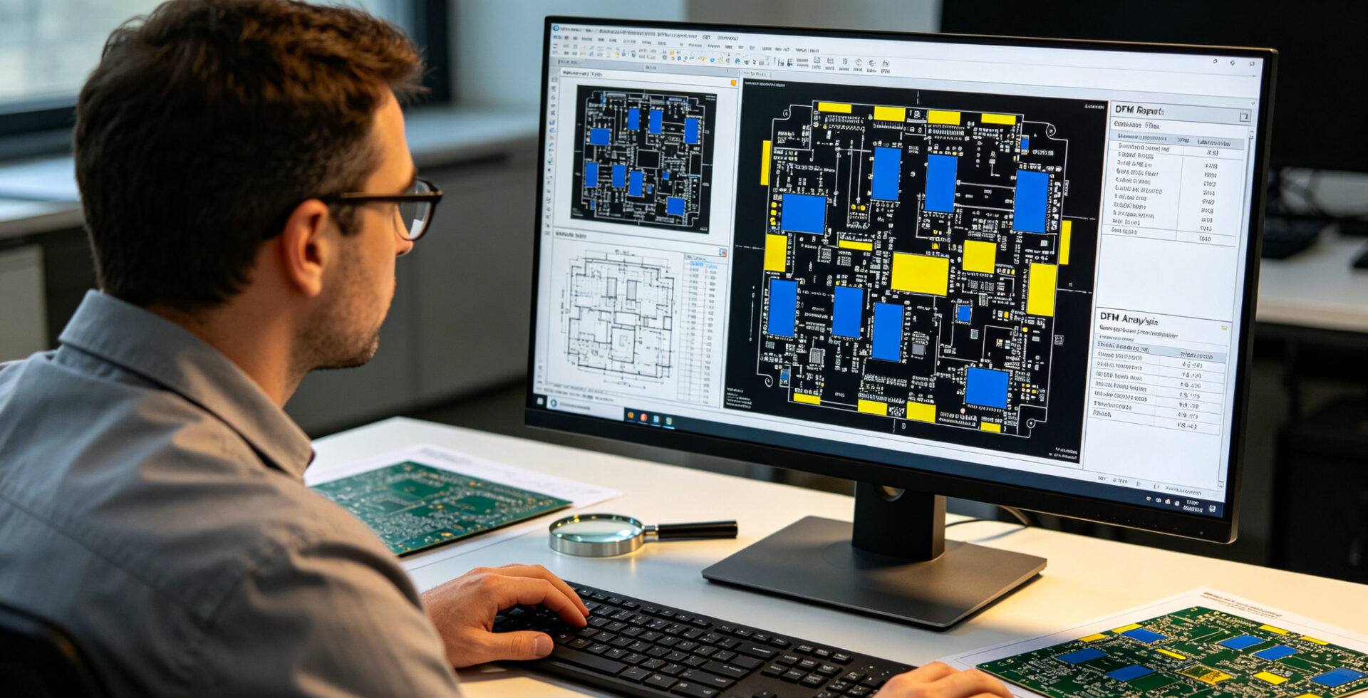 Engineer reviewing PCB layout and DFM report on a computer screen with component placement highlighted
Ingenieur prüft PCB-Layout und DFM-Bericht auf Computerbildschirmen