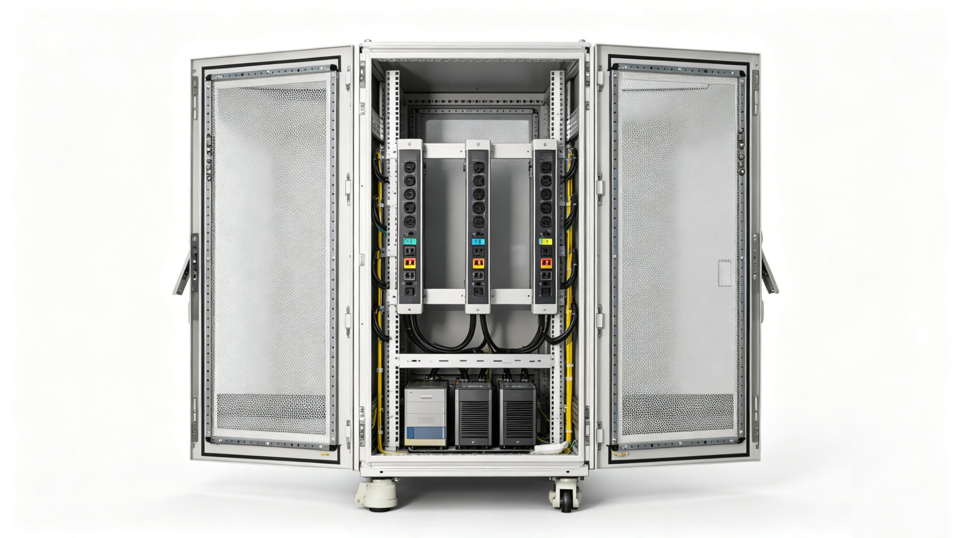 Rear View 42U Rack Mount PDU Cabinet Vertical 0U Power Distribution UPS Integration Rückansicht 42U Rack Mount PDU Cabinet Vertikal 0U Stromverteilung USV Integration