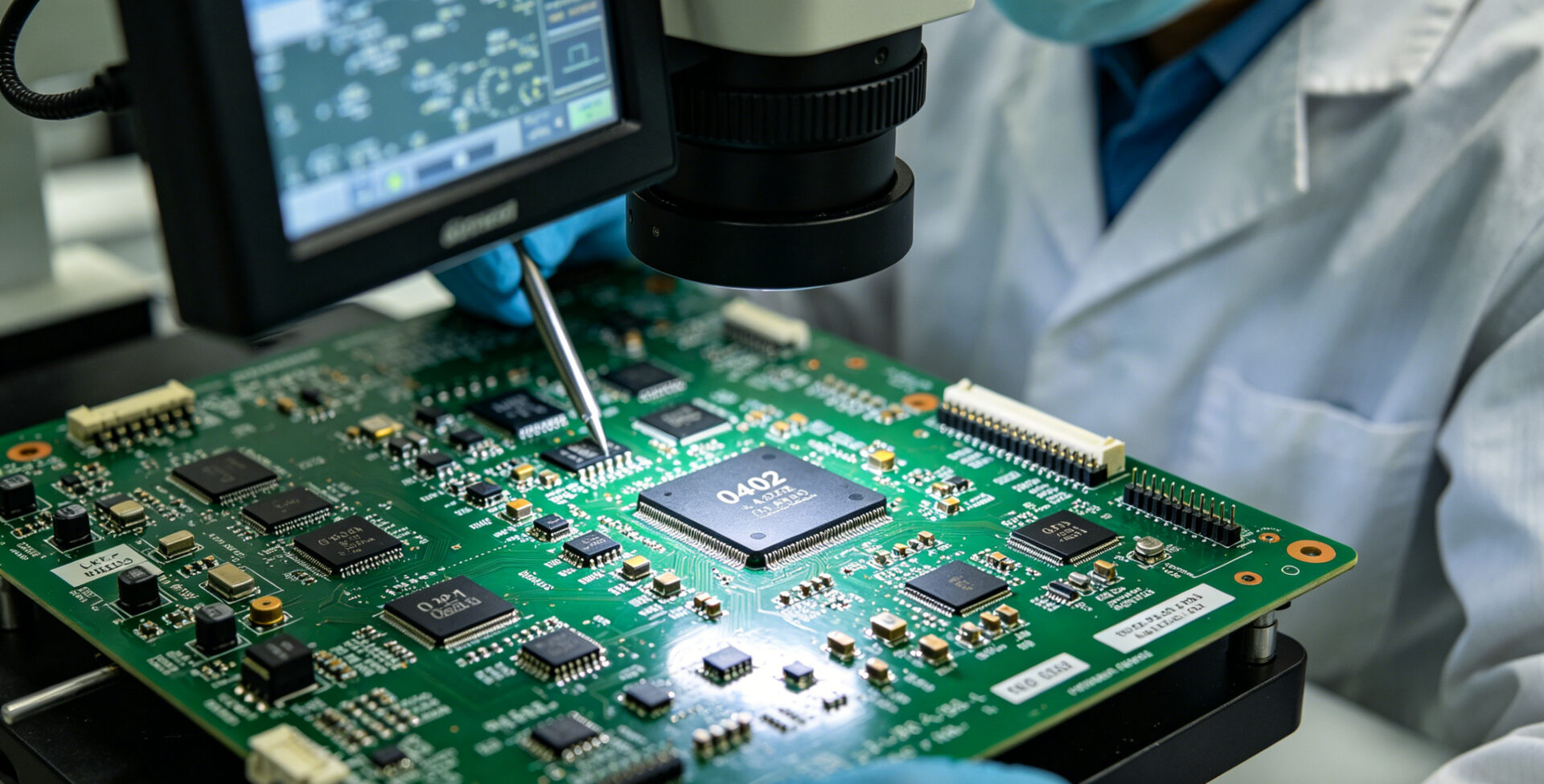 Technician inspecting populated circuit board under microscope showing fine-pitch SMD components and solder joints Techniker inspiziert bestückte Leiterplatte unter Mikroskop mit feinen SMD-Bauteilen und Lötstellen