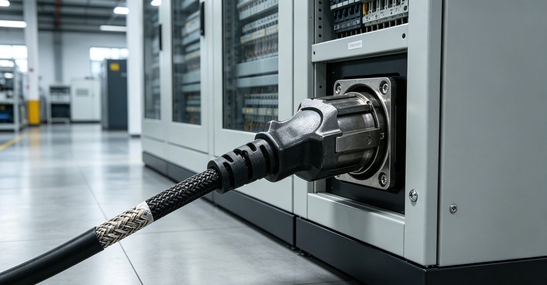 A heavy-duty shielded AC power cord with a metal connector plugged into an industrial automation cabinet.