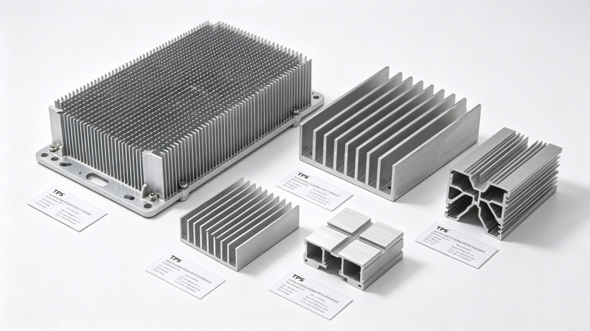 TPS Custom Aluminum Heat Sink CNC Machined Profiles IGBT MOSFET Cooling Solutions Product Line TPS Maßgeschneiderte Aluminium-Kühlkörper CNC-gefräste Profile IGBT MOSFET Kühlungslösungen Produktlinie