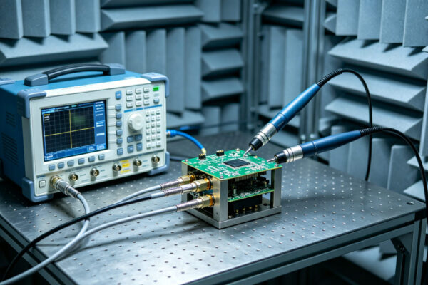 EMC pre-compliance testing setup with spectrum analyzer, near-field probes, and device under test in shielded environment EMV-Vorprüfungsaufbau mit Spektrumanalysator, Nahfeldsonde und Prüfling in abgeschirmter Umgebung