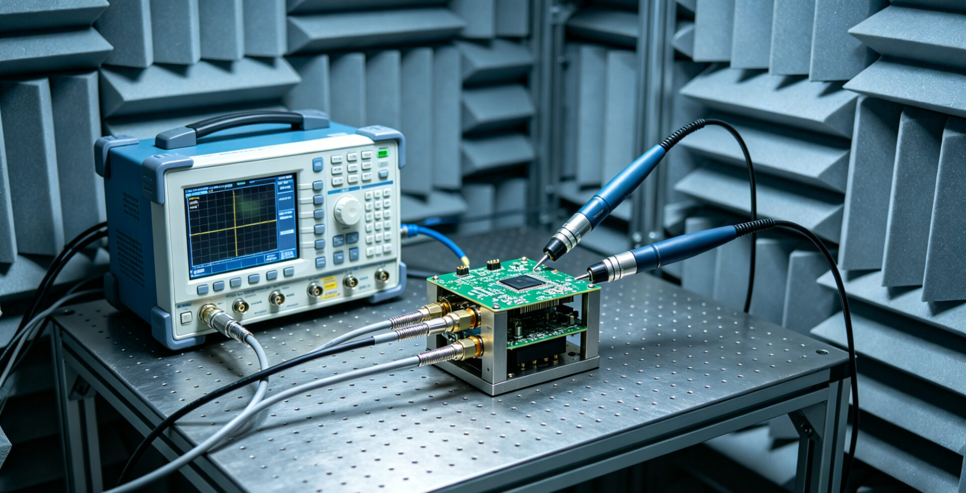 EMC pre-compliance testing setup with spectrum analyzer, near-field probes, and device under test in shielded environment EMV-Vorprüfungsaufbau mit Spektrumanalysator, Nahfeldsonde und Prüfling in abgeschirmter Umgebung