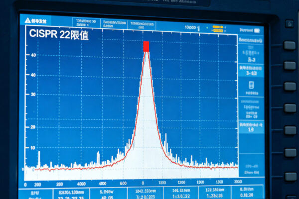 Spectrum analyzer screen showing conducted emissions measurement with CISPR 22 limits overlaid, distinct peaks highlighted Spektrumanalysator-Bildschirm mit leitungsgeführter Störaussendungsmessung, CISPR-22-Grenzwerte eingeblendet, markierte Spitzen, Prüfingenieur dokumentiert, professionelle Laborumgebung.