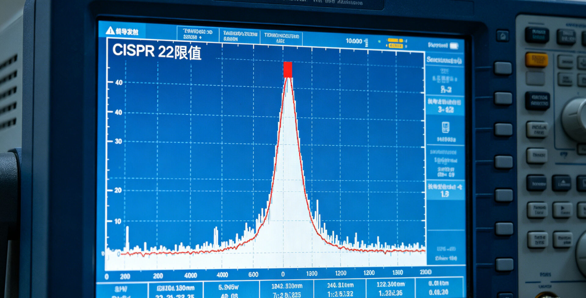 Spectrum analyzer screen showing conducted emissions measurement with CISPR 22 limits overlaid, distinct peaks highlighted Spektrumanalysator-Bildschirm mit leitungsgeführter Störaussendungsmessung, CISPR-22-Grenzwerte eingeblendet, markierte Spitzen, Prüfingenieur dokumentiert, professionelle Laborumgebung.