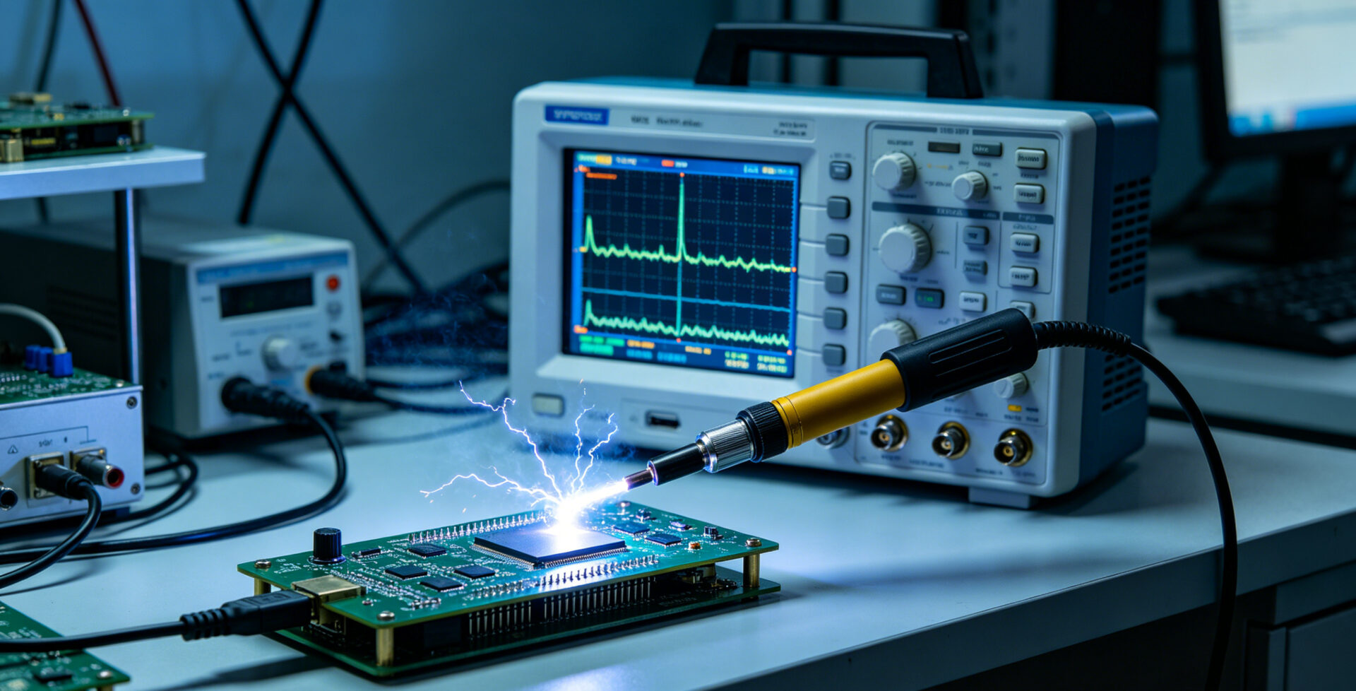 Electrostatic discharge (ESD) gun discharging to device under test, oscilloscope capturing transient response ESD-Pistole entlädt sich an einem Prüfling, Oszilloskop zeigt transiente Antwort, Techniker in ESD-Schutzkittel und -Armband, kontrollierte Laborumgebung.