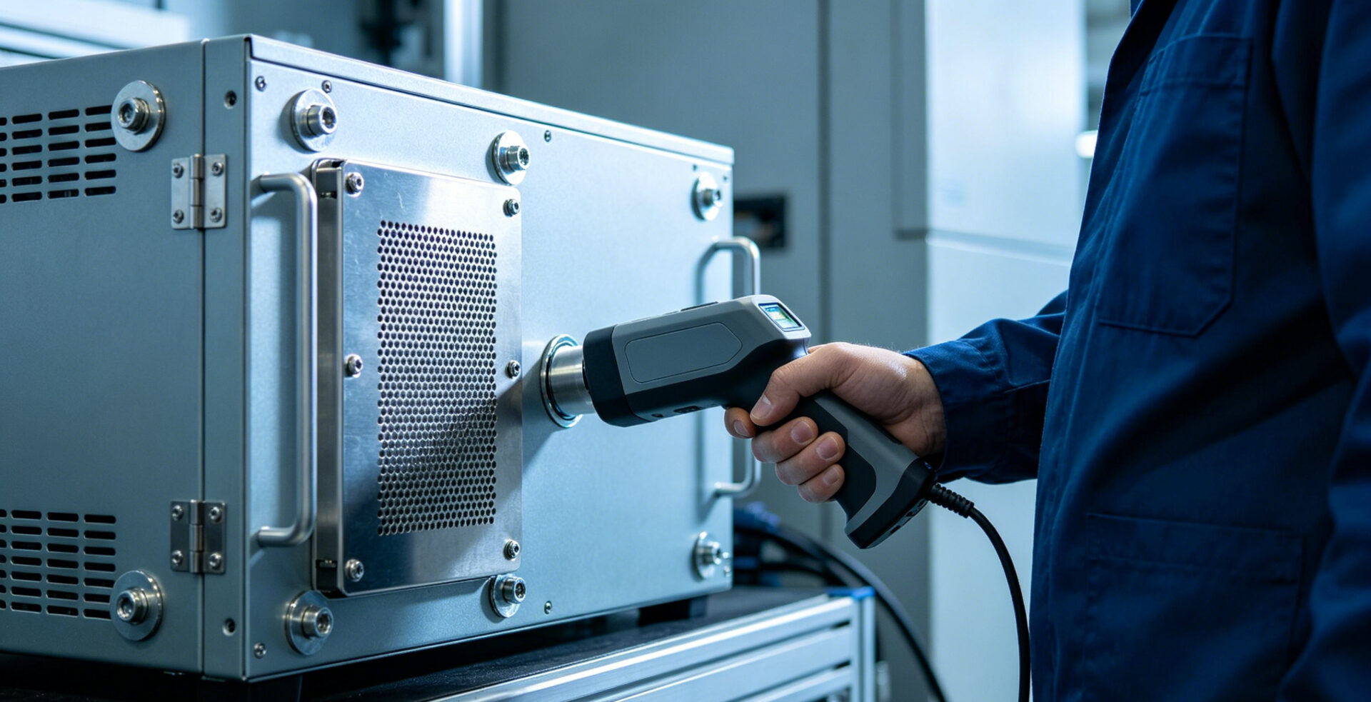 Electronics enclosure with conductive gasket and metal shield can, technician performing near-field probe scan Elektronikgehäuse mit leitfähiger Dichtung und Metall-Schirmkasten, Techniker führt Nahfeld-Sondierung an einer Leiterplatte durch, Spektrumanalysator zeigt Emissionen vor und nach Schirmung.