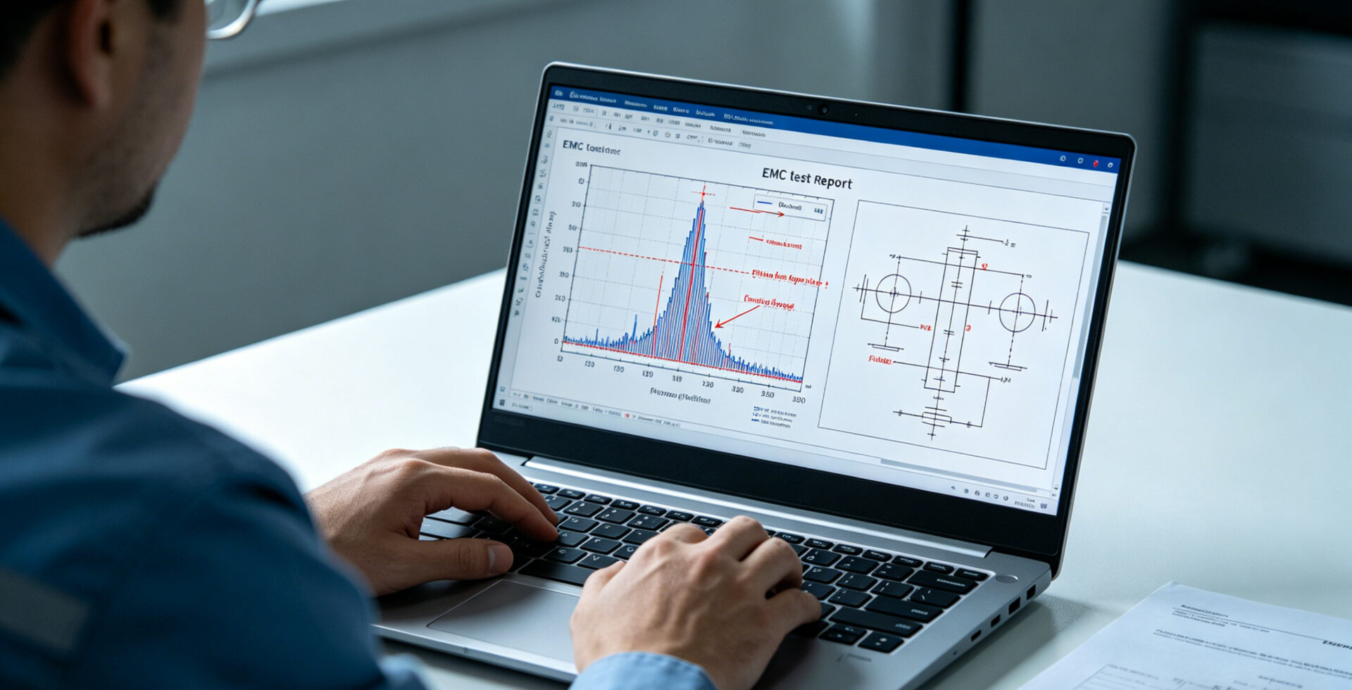 Engineer reviewing EMC test report on laptop, annotated spectrum plots, filter schematic modifications marked up Ingenieur prüft EMV-Prüfbericht auf Laptop, annotierte Spektrum-Plots, markierte Filter-Änderungsempfehlungen, technische Dokumentation auf dem Tisch.