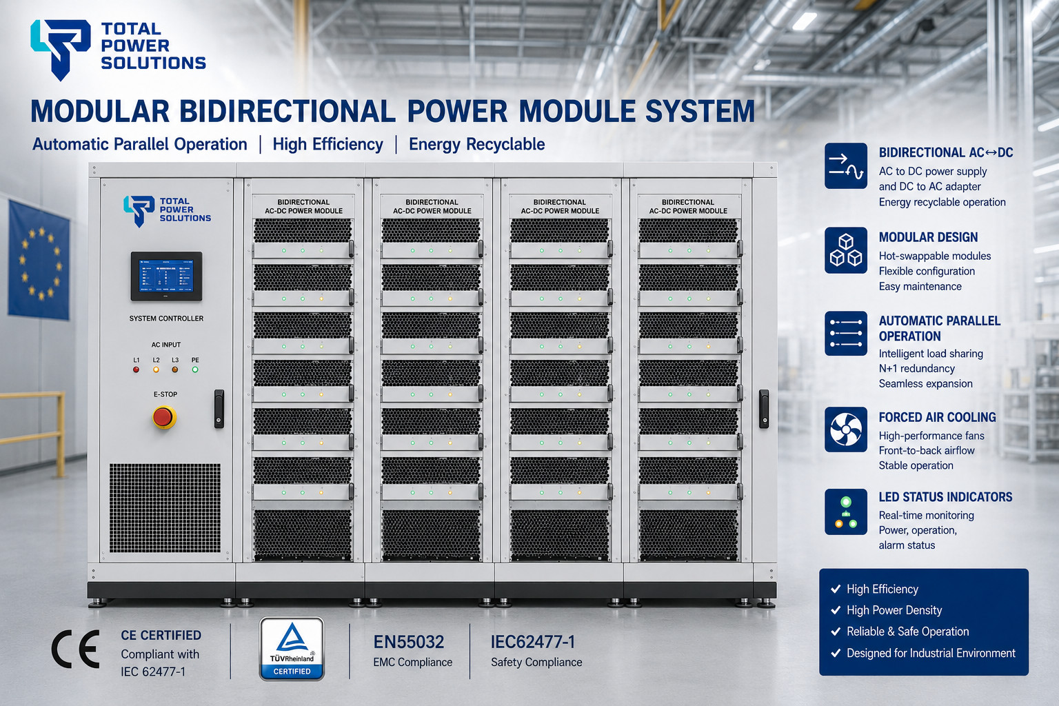 Frontansicht eines modularen bidirektionalen Leistungsmodulsystems in einer europäischen Industrieumgebung, die mehrere AC/DC-Netzteileinheiten im automatischen Parallelbetrieb zeigt, mit sichtbaren LED-Statusanzeigen und Zwangsbelüftungseinlässen. Das System trägt CE-Zertifizierung, TÜV-Zertifizierung und erfüllt EN55032 und IEC62477-1.
