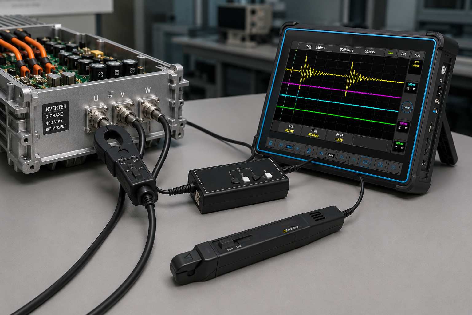 Messung von hochfrequentem transientem Strom in einem Elektrofahrzeug-Wechselrichter mit einer Zangensonde.