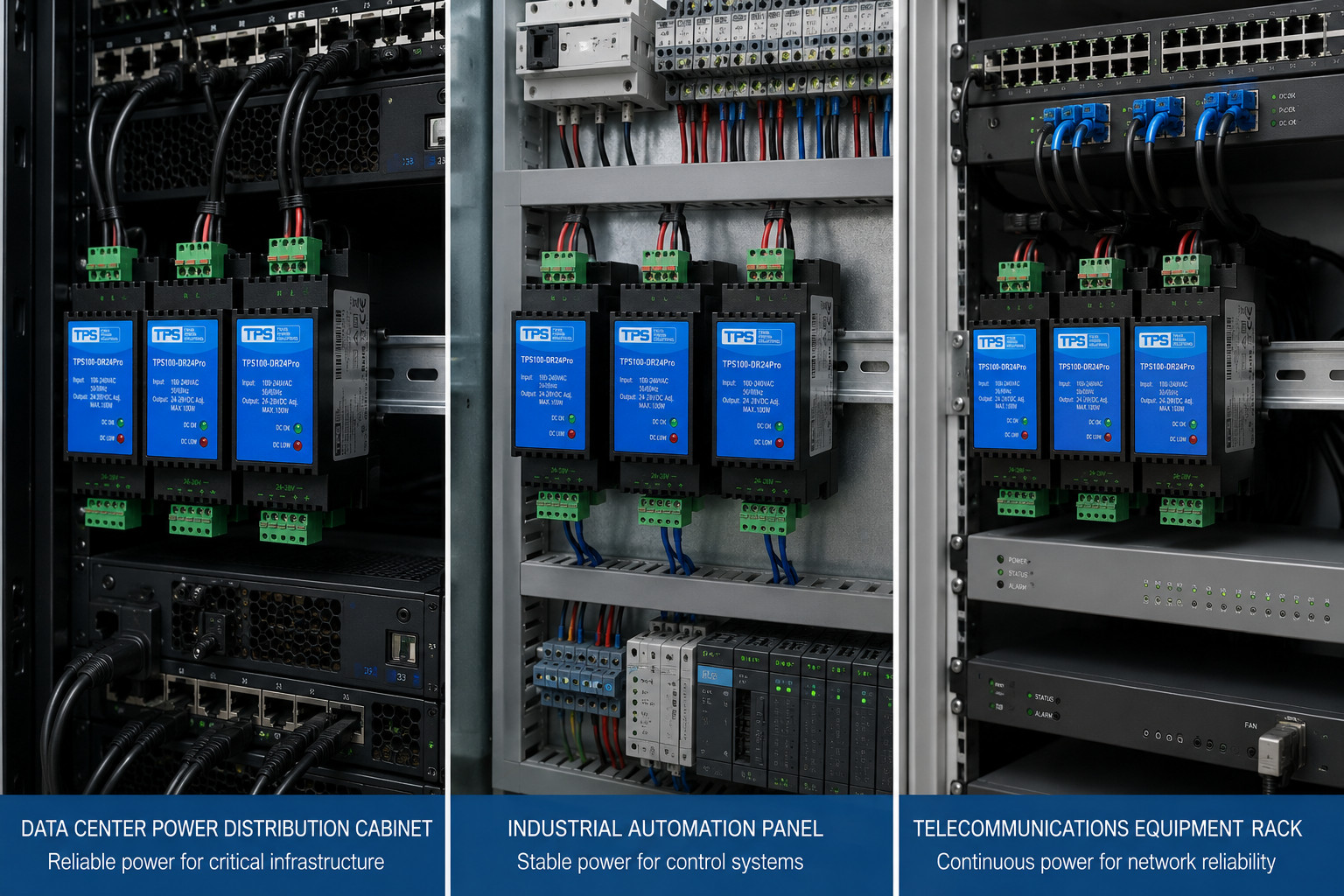 Hutschienennetzteile installiert in Steuerschränken verschiedener Branchen, darunter ein Stromverteilerschrank eines Rechenzentrums, ein industrielles Automatisierungsfeld und ein Telekommunikationsgeräterack.