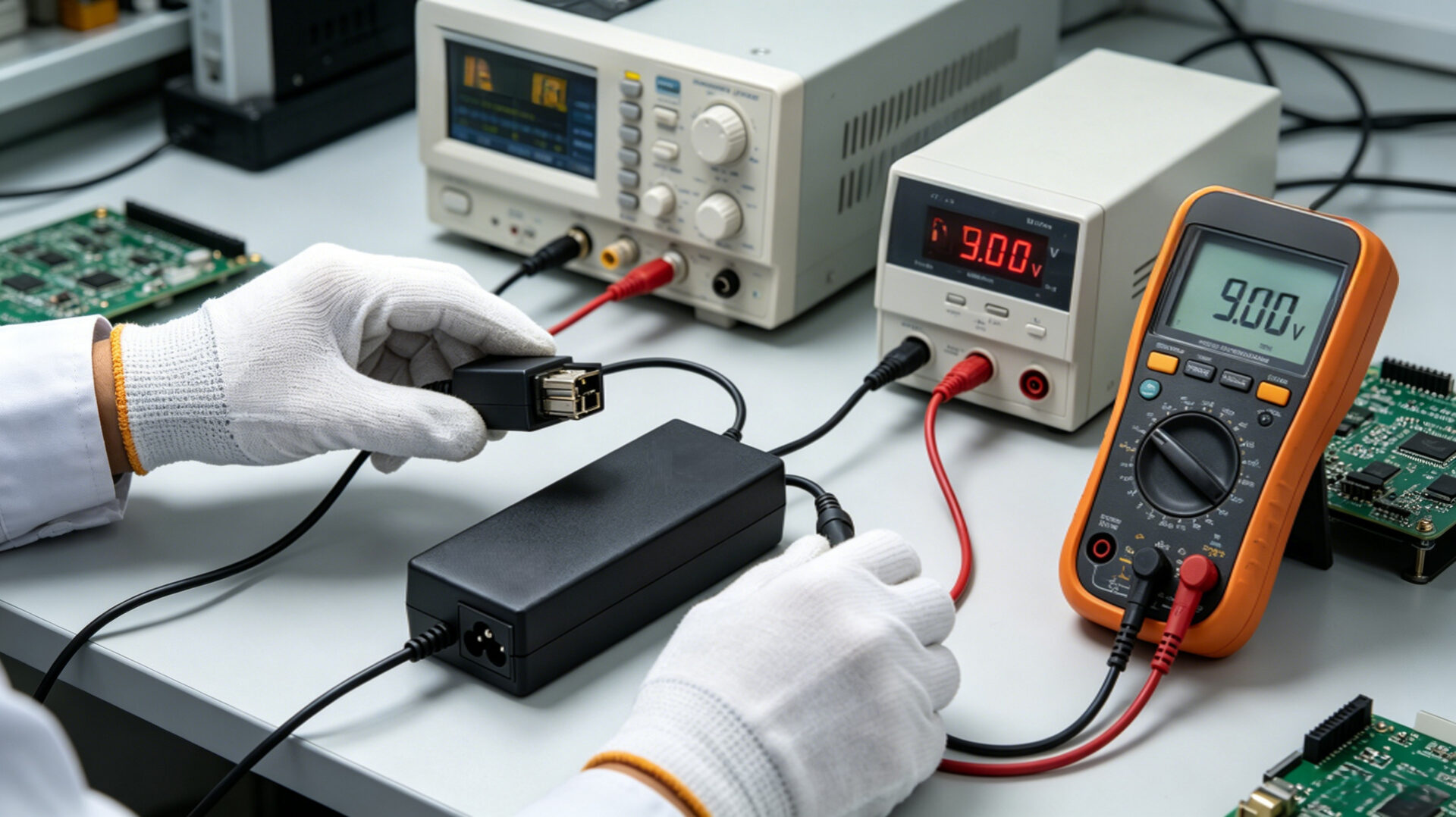 Engineer Testing Custom OEM Wall Mount Adapter Electrical Safety Multimeter Quality Control
