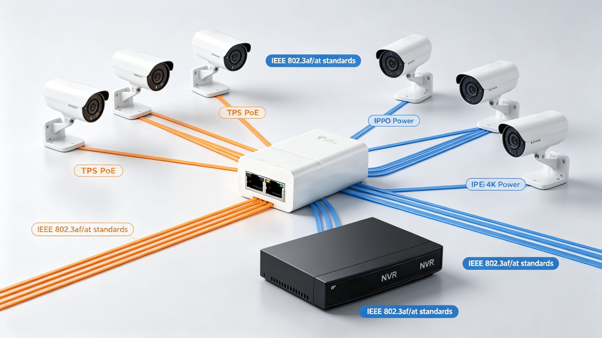 PoE Injector Switch IP Surveillance Topology Diagram Centralized Power Camera NVR Network – TPS Elektronik PoE-Injektor-Switch IP-Überwachungs-Topologiediagramm zentrale Stromversorgung Kamera NVR Netzwerk – TPS Elektronik