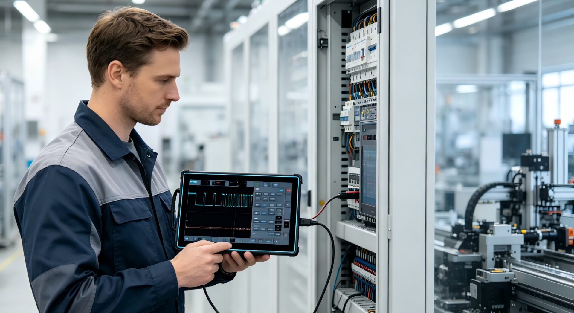 Ein europäischer Außendiensttechniker in Arbeitskleidung diagnostiziert Produktionsanlagen in einer Fabrikhalle mit einem akkubetriebenen Tablet-Oszilloskop. Der Techniker hält das tragbare Prüfgerät, das zur Fehlersuche vor Ort an einen Industriesteuerschrank angeschlossen ist.