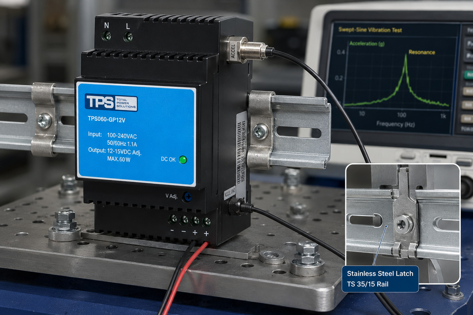 Nahaufnahme eines Hutschienen-Netzteils auf einem Vibrationsprüftisch. Das Gerät ist mit einem Edelstahlbügel auf einer TS-35/15-Schiene verriegelt. Beschleunigungsaufnehmer sind an der Leiterplatte im IP20-Gehäuse befestigt, um Resonanzen während eines Sinus-Sweep-Tests zu überwachen.
