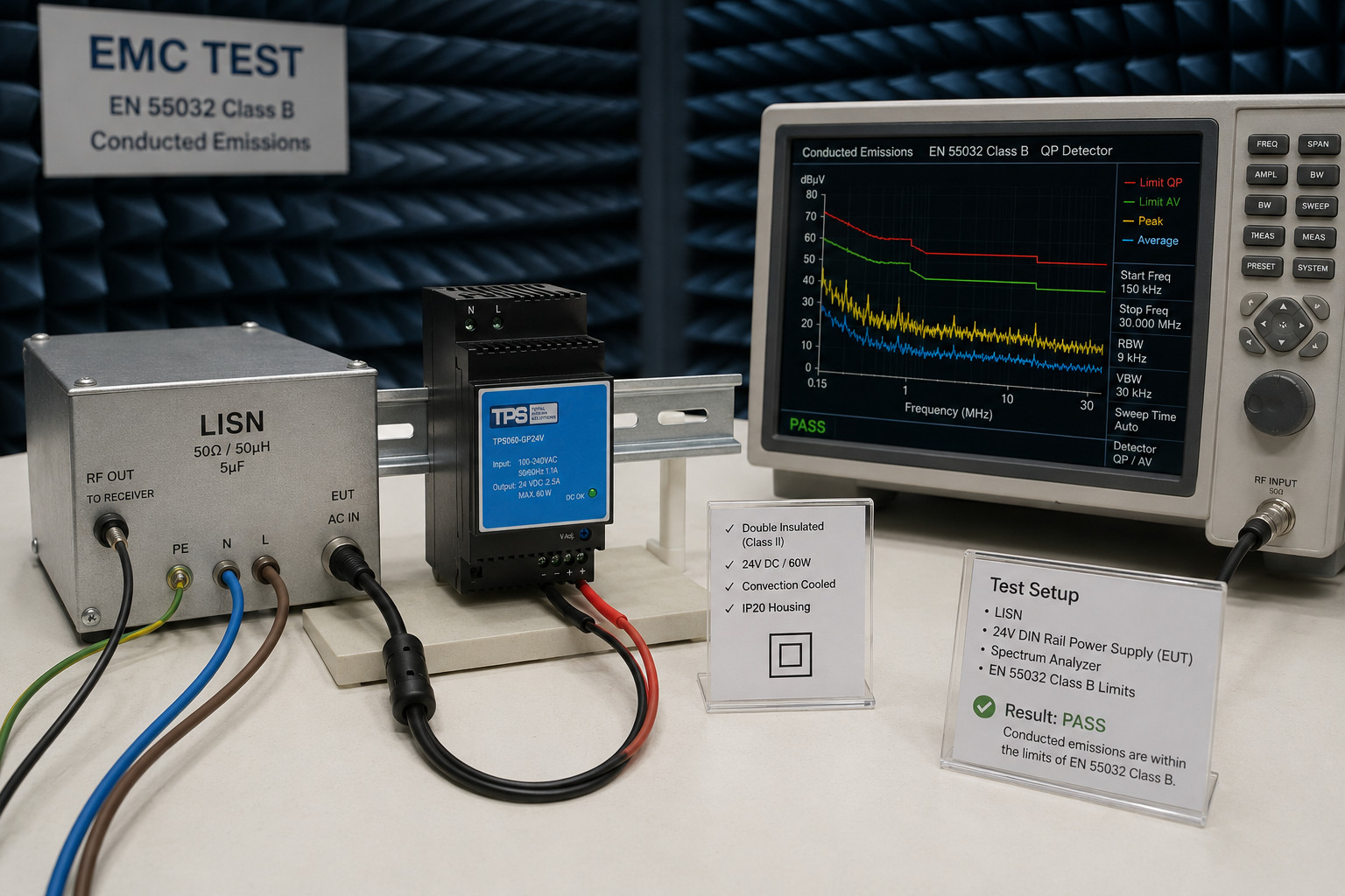 EMV-Prüfaufbau für ein 24-V-Hutschienen-Netzteil. Das Gerät ist doppelt isoliert und steht auf einem nichtleitenden Tisch in einer Absorberhalle. Eine Netznachbildung ist mit dem Netzeingang verbunden, und ein Spektrumanalysator zeigt leitungsgeführte Emissionen deutlich unter den Grenzwerten der EN 55032 Klasse B.