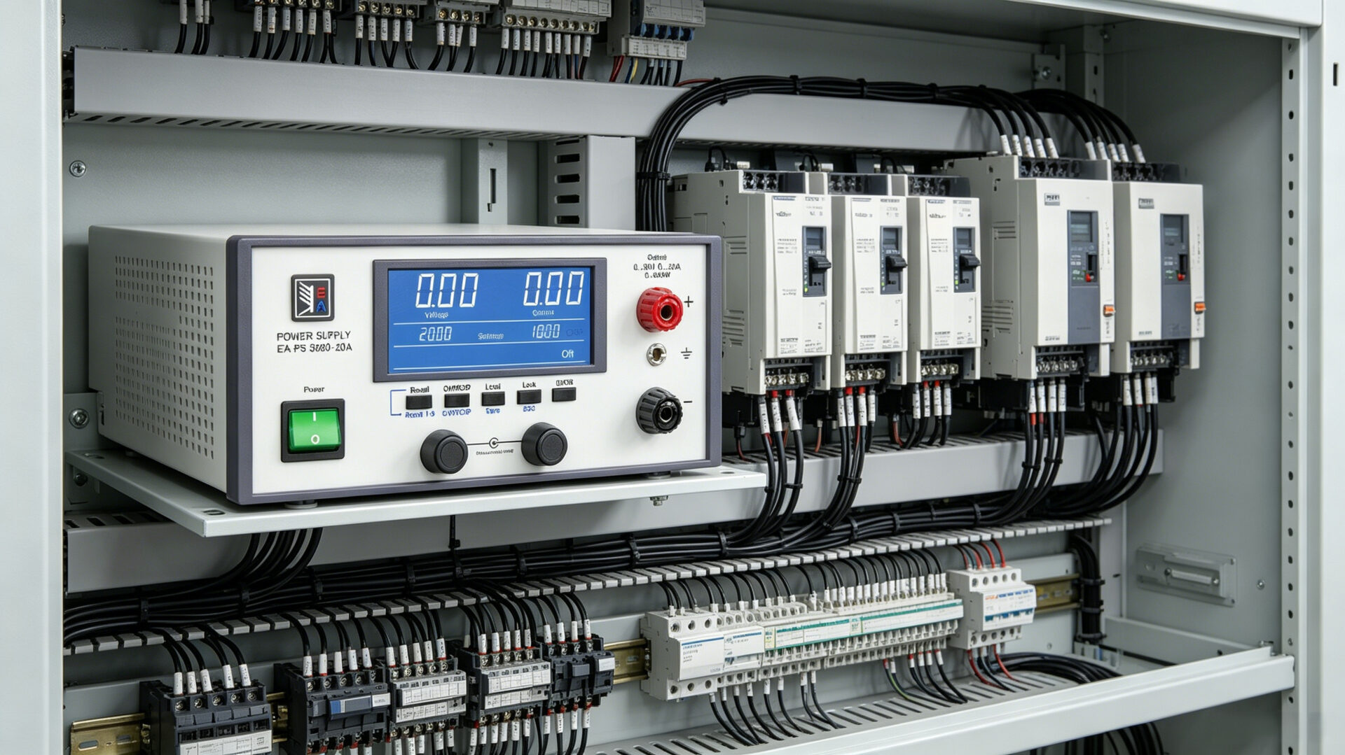 Servo drive and motion controller powered by 80V industrial power supply in factory automation panel