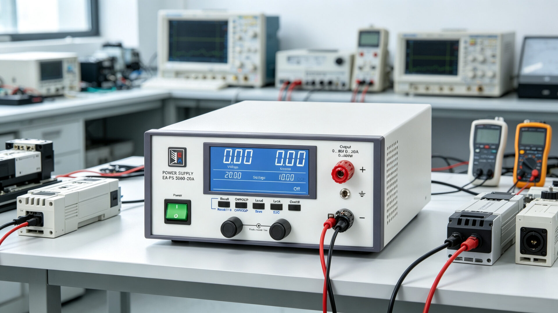 TPS EA-PS 5080-20A 80V 20A programmable DC power supply on laboratory bench with servo drive test setup