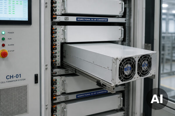 A bidirectional DC-DC converter module installed in a lithium cell formation system, with multiple battery channels connected and energy flow indicated between the grid, DC bus, and battery cells.