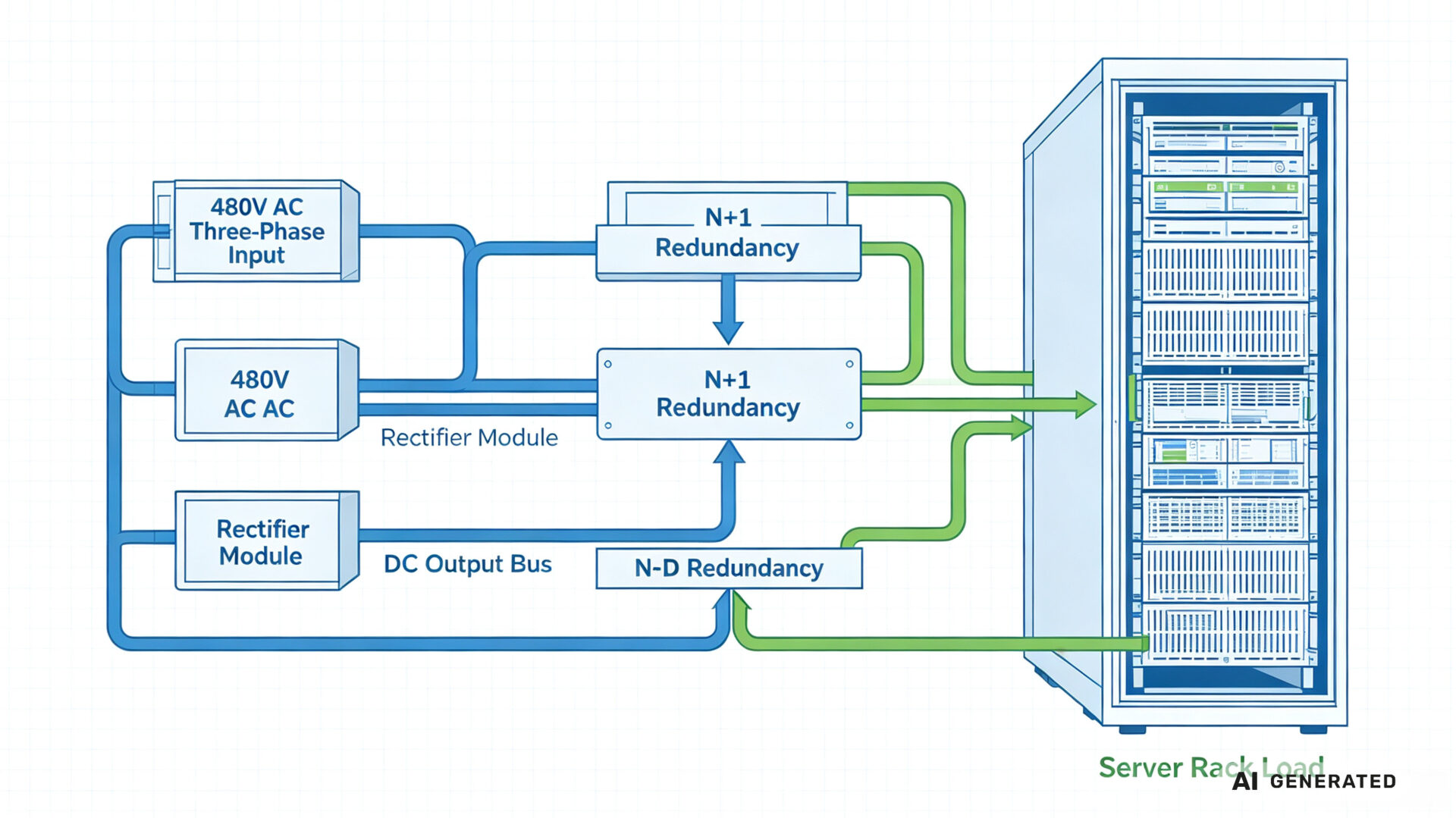 480V Data Center Power Distribution with N+1 and N+N Redundancy