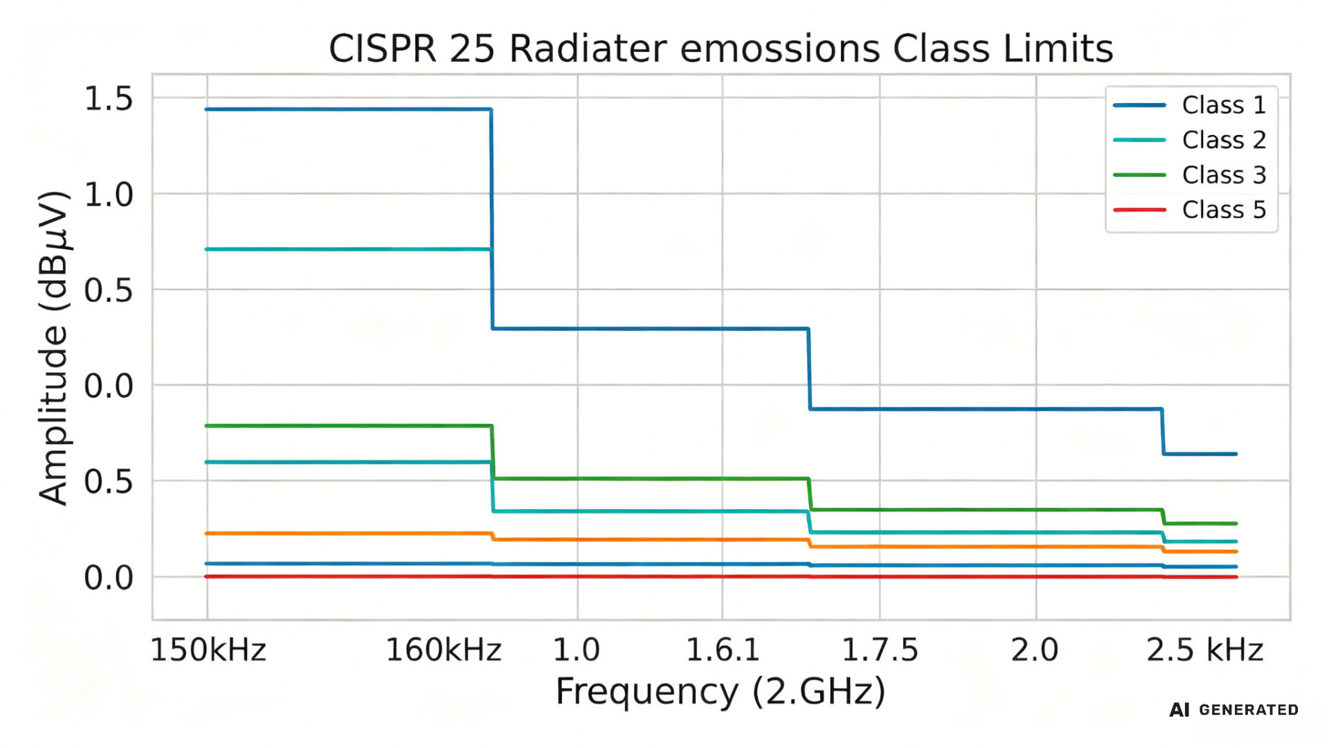 CISPR 25 Radiated Emissions Class Limits Chart Tabelle der Grenzwerte für abgestrahlte Störaussendungen nach CISPR 25 (Klassen)