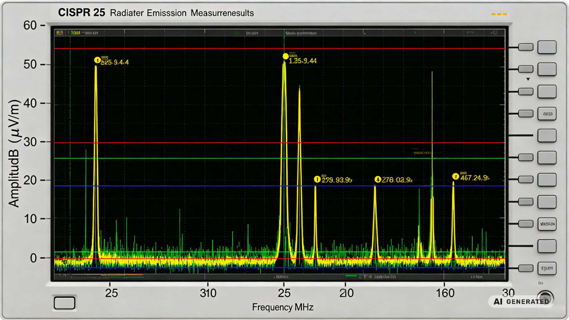 CISPR 25 Radiated Emissions Measurement Spectrum Display CISPR 25 – Spektrumsanzeige der Messung abgestrahlter Störaussendungen