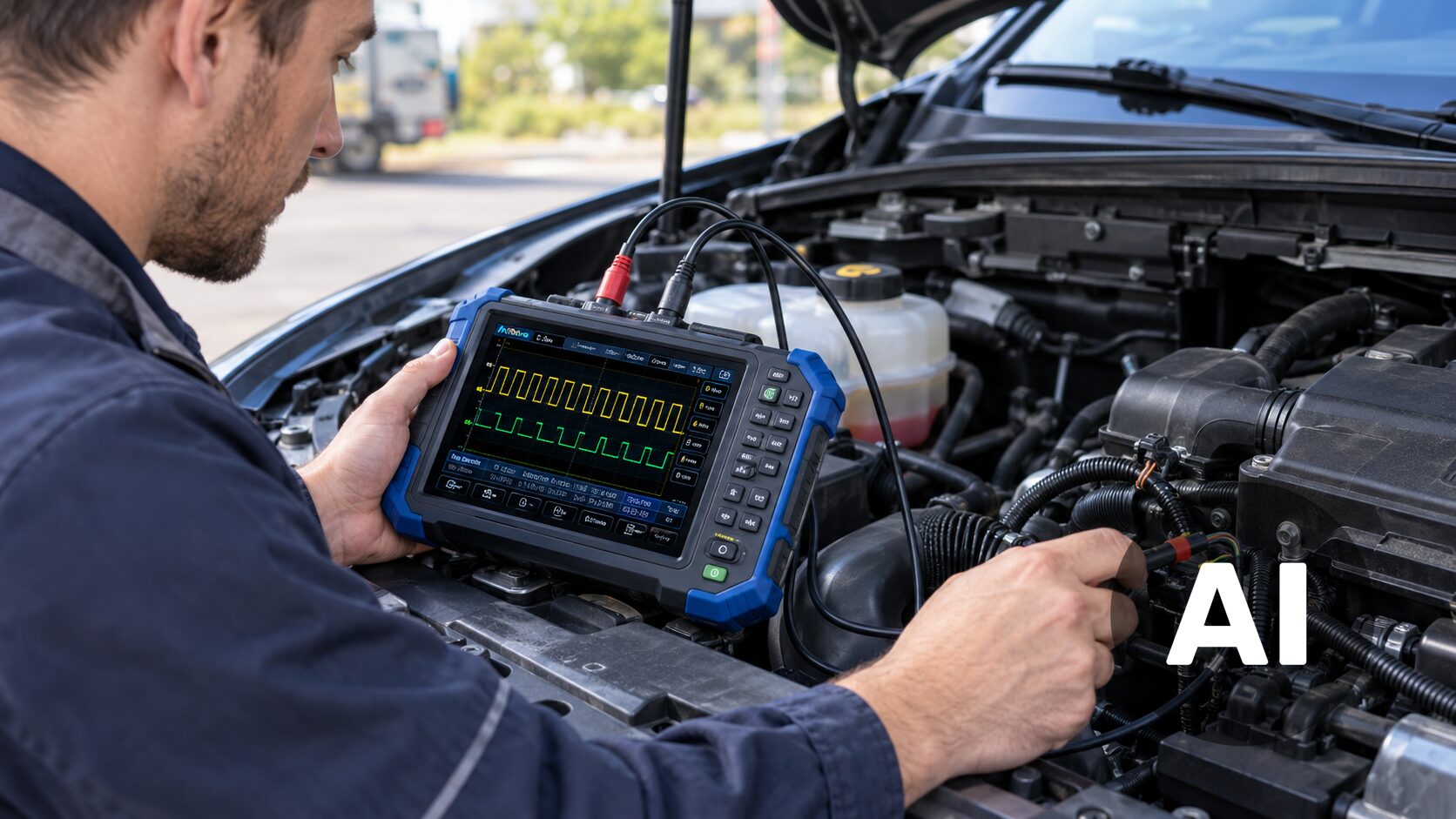 Ein tragbares Kfz-Oszilloskop, das an den Motorraum eines Fahrzeugs angeschlossen ist, mit Tastköpfen an einem Sensor und einer Wellenform auf einem hellen Bildschirm, während der Techniker im Freien arbeitet. Dies veranschaulicht mobile Diagnoselösung und mobile Feldreparatur.