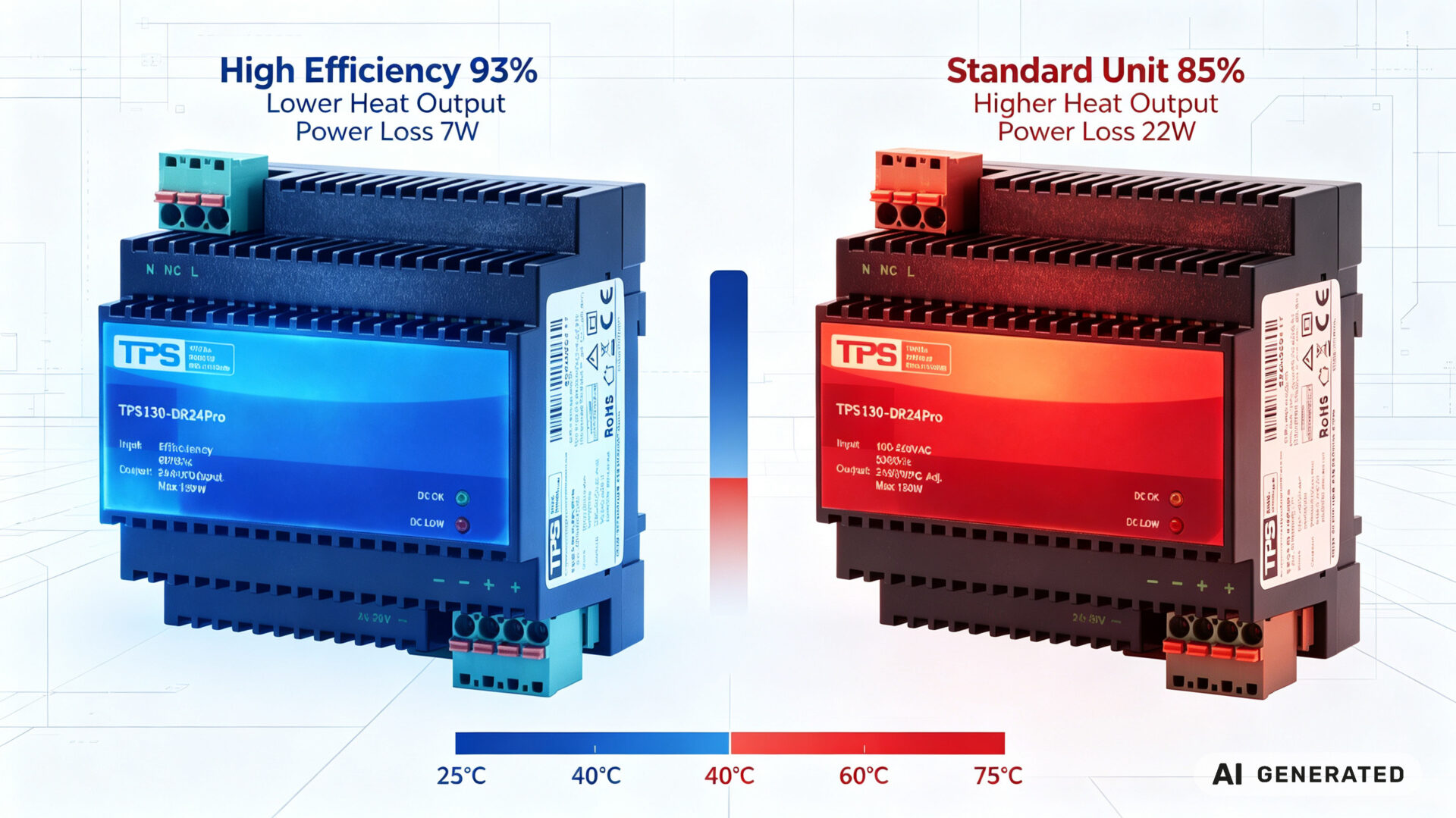Heat Reduction Comparison of High Efficiency DIN Rail Power Supplies