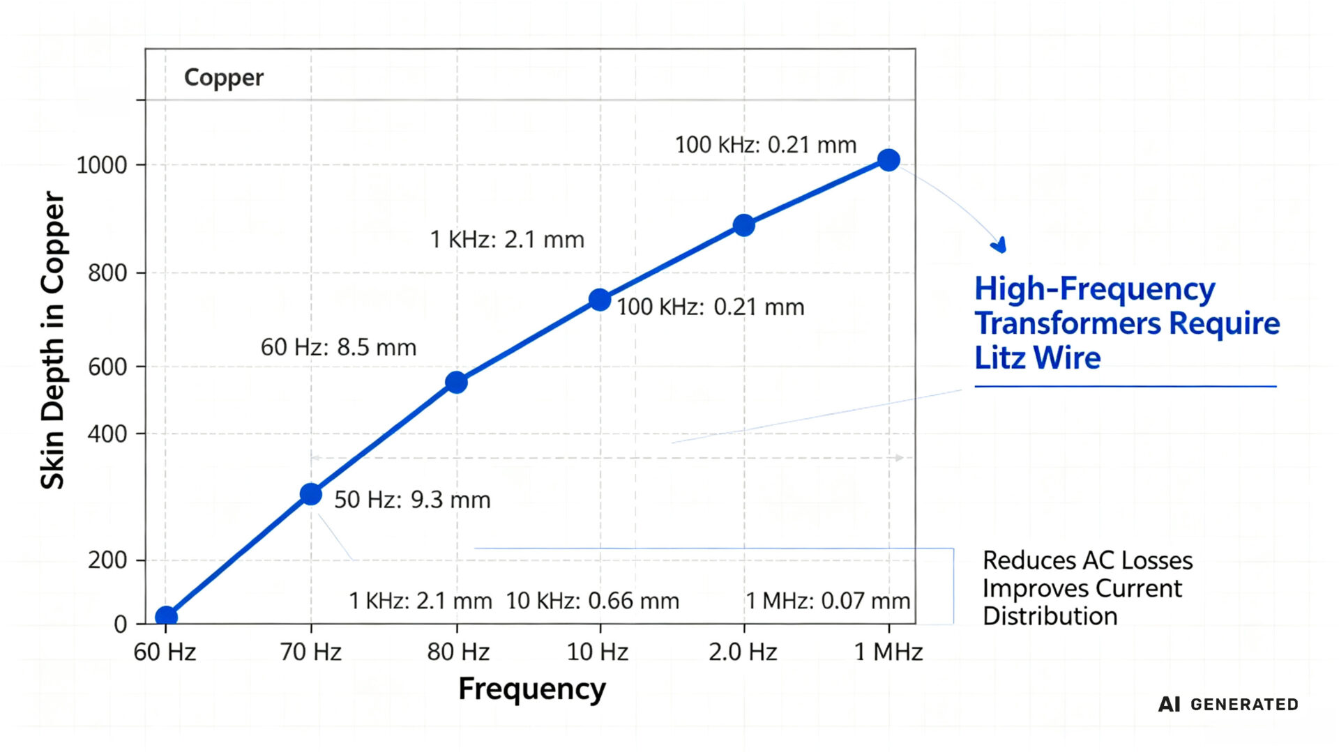 Skin Depth vs Frequency Chart for Copper Transformer Windings