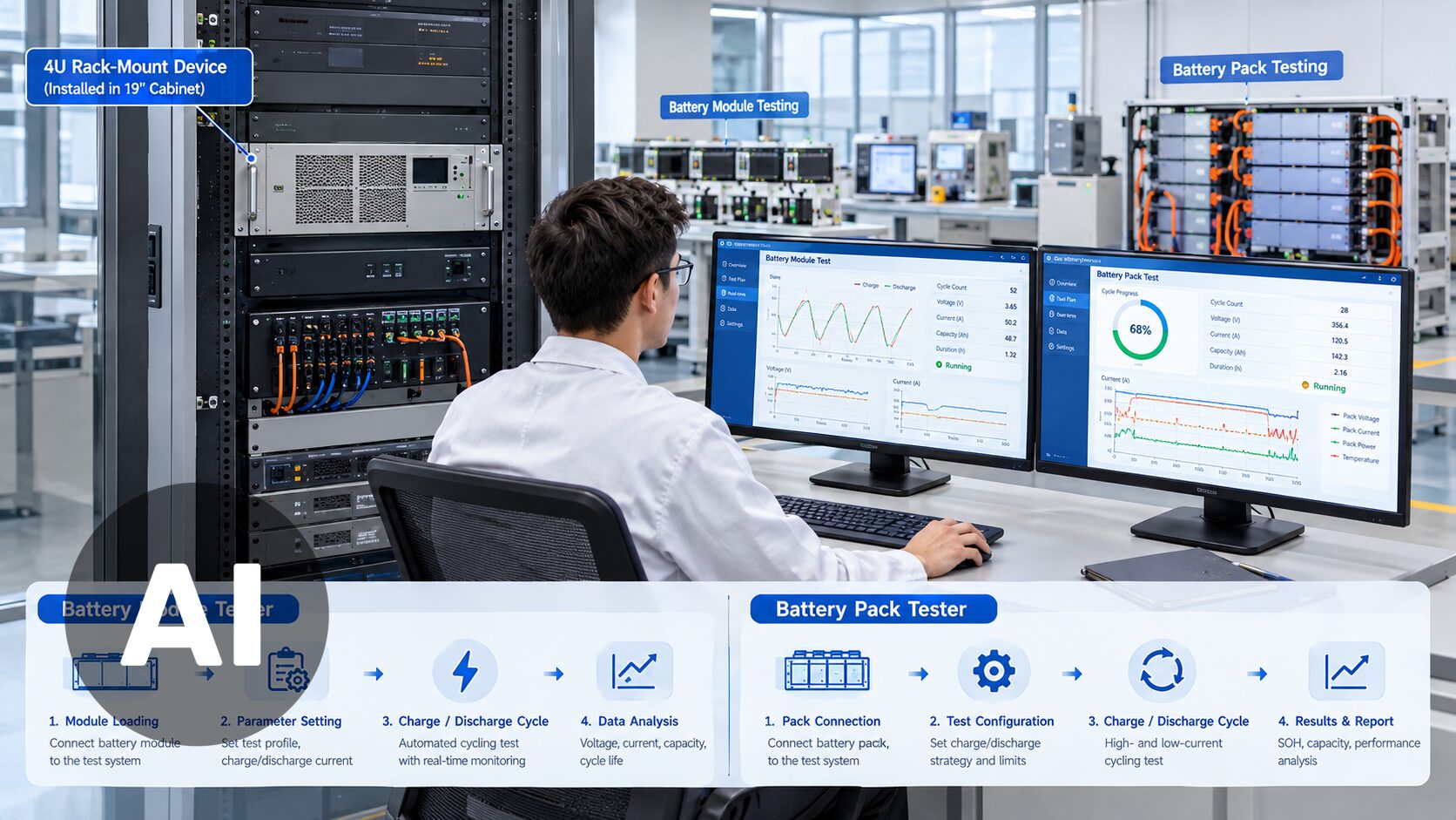 Ein Batteriemodul, das in einem Testlabor an einen bidirektionalen Batterietester angeschlossen ist. Das 4U-Rackmount-Gerät ist in einem 19-Zoll-Rack sichtbar, während ein Techniker Lade- und Entladezyklen an einer Workstation mit Batterietestsoftware überwacht; dies repräsentiert einen Batteriemodultester- und Batteriepacktester-Workflow.