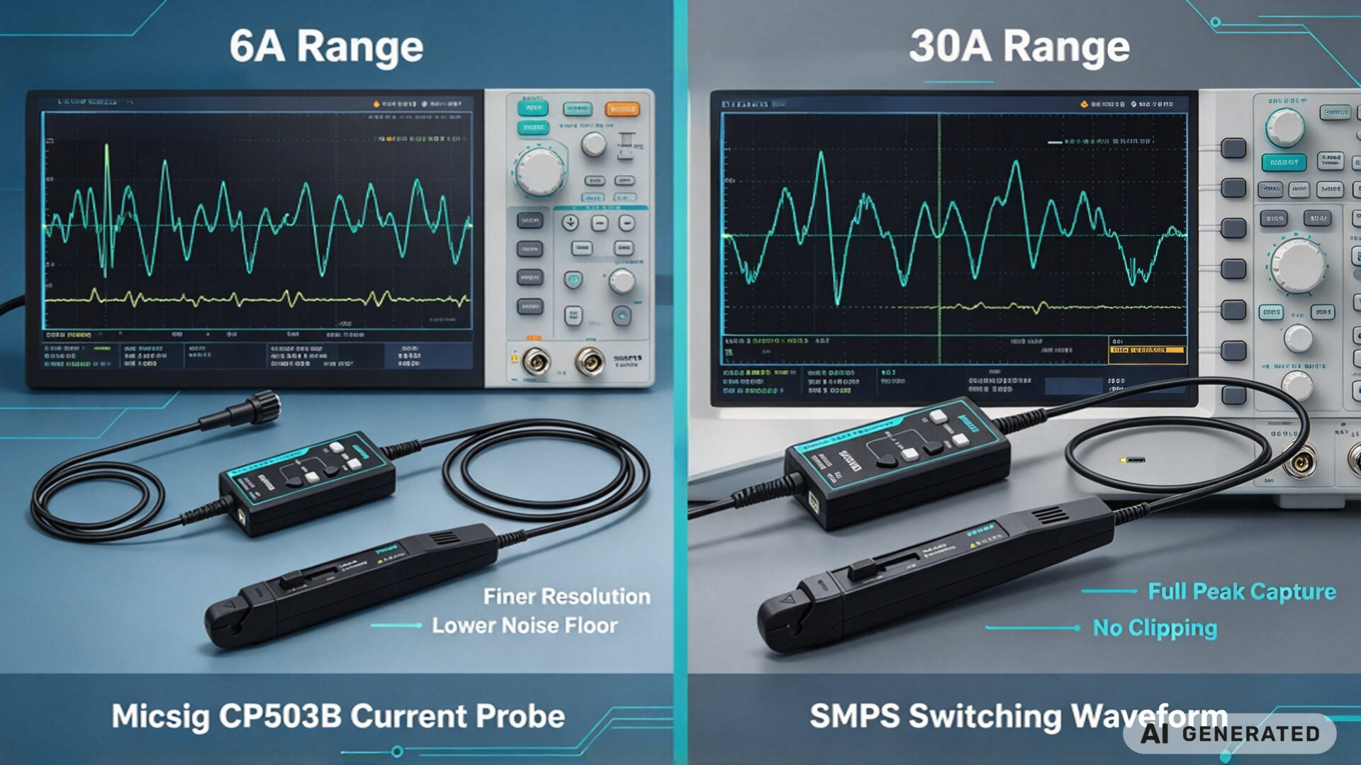 Dual Range Current Probe SMPS Measurement ComparisonVergleich der Strommessung an einem Schaltnetzteil mit zwei Messbereichen