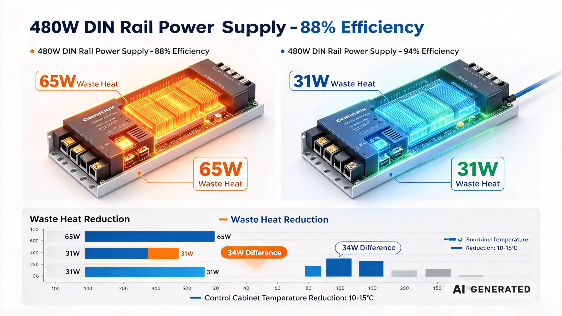 High Efficiency DIN Rail Power Supply Waste Heat Comparison