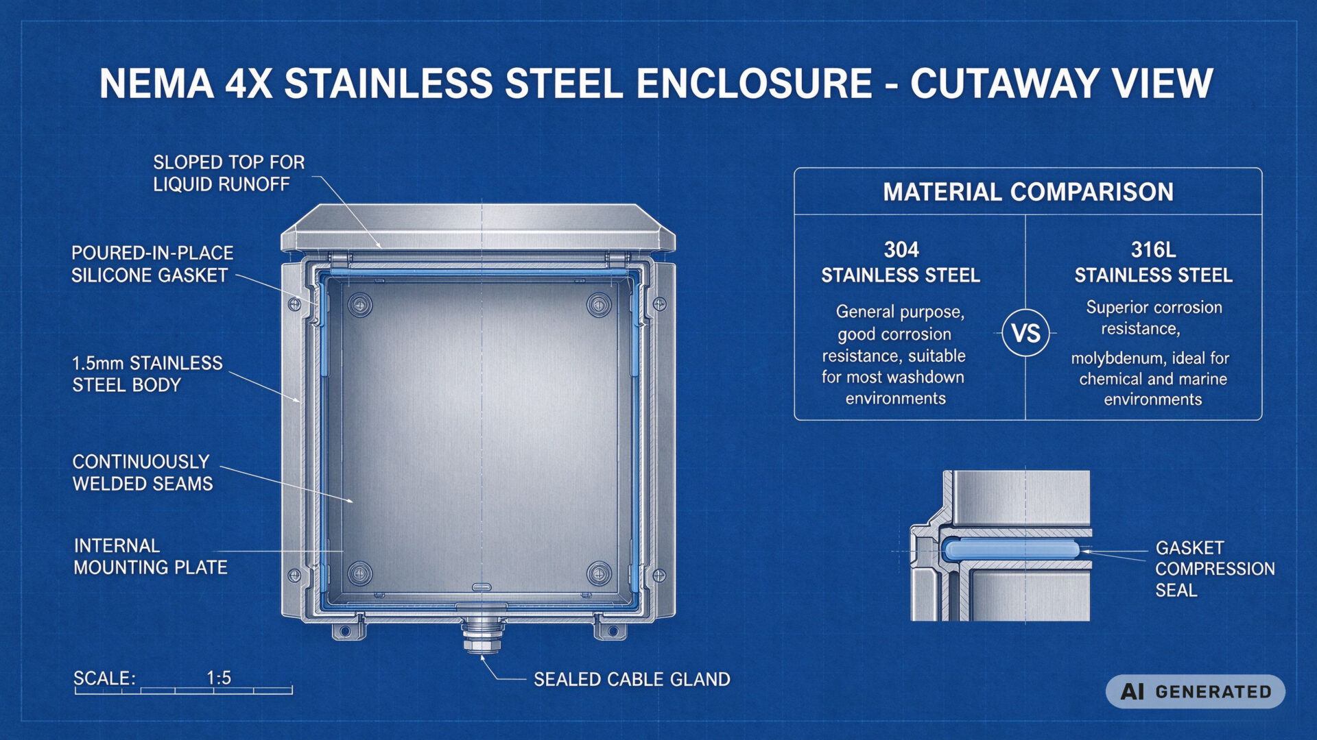 Stainless steel enclosure material cross-section Querschnitt des Gehäusematerials aus Edelstahl