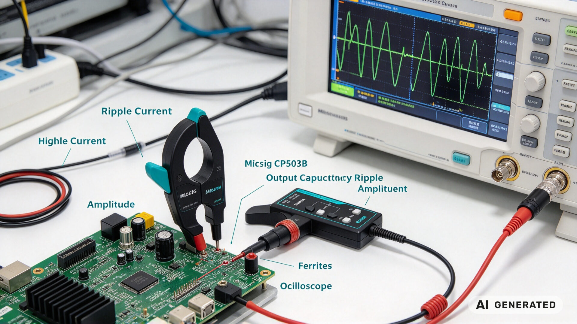 Switch Mode Power Supply Ripple Current Probe MeasurementMessung des Rippelstroms bei Schaltnetzteilen mittels Strommesssonde
